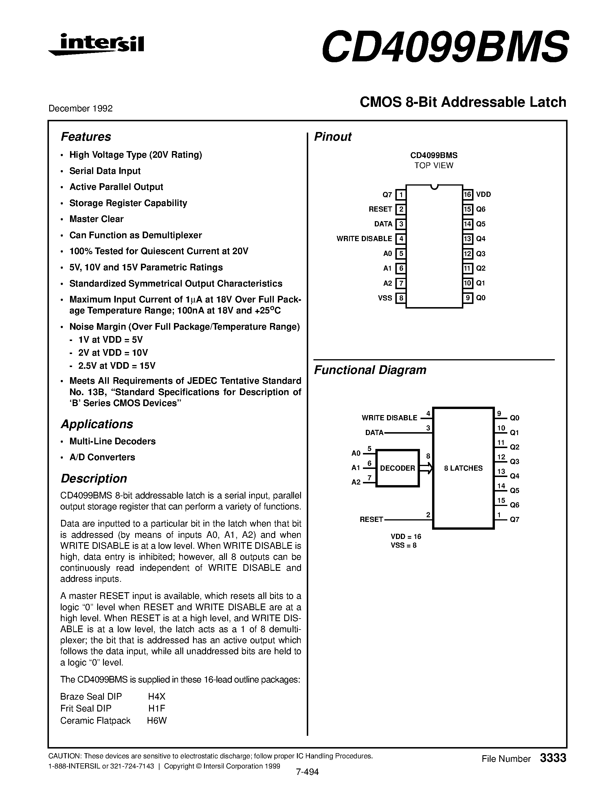 Даташит CD4099BMS - CMOS 8-Bit Addressable Latch страница 1