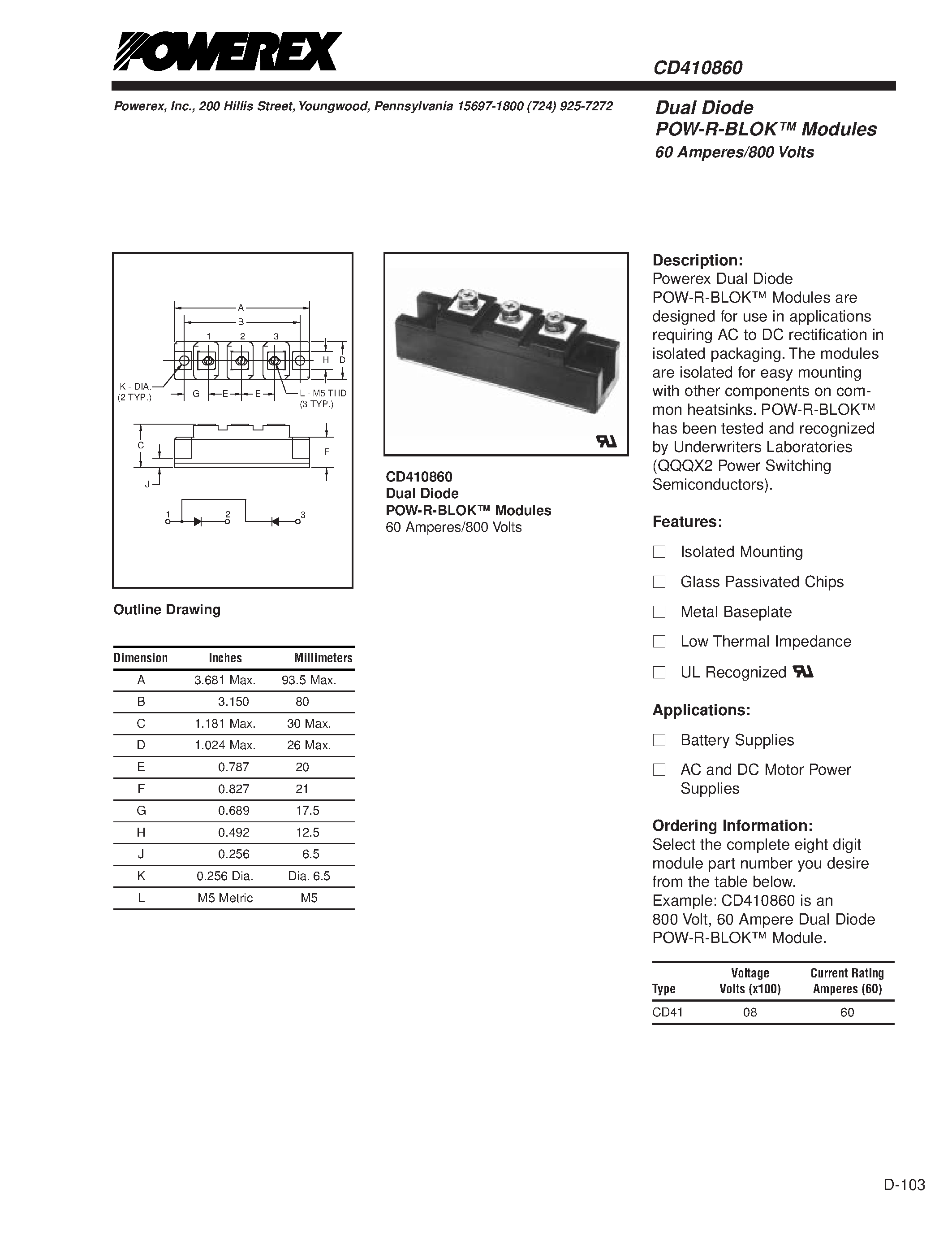 Даташит CD410860 - Dual Diode POW-R-BLOK Modules 60 Amperes/800 Volts страница 1