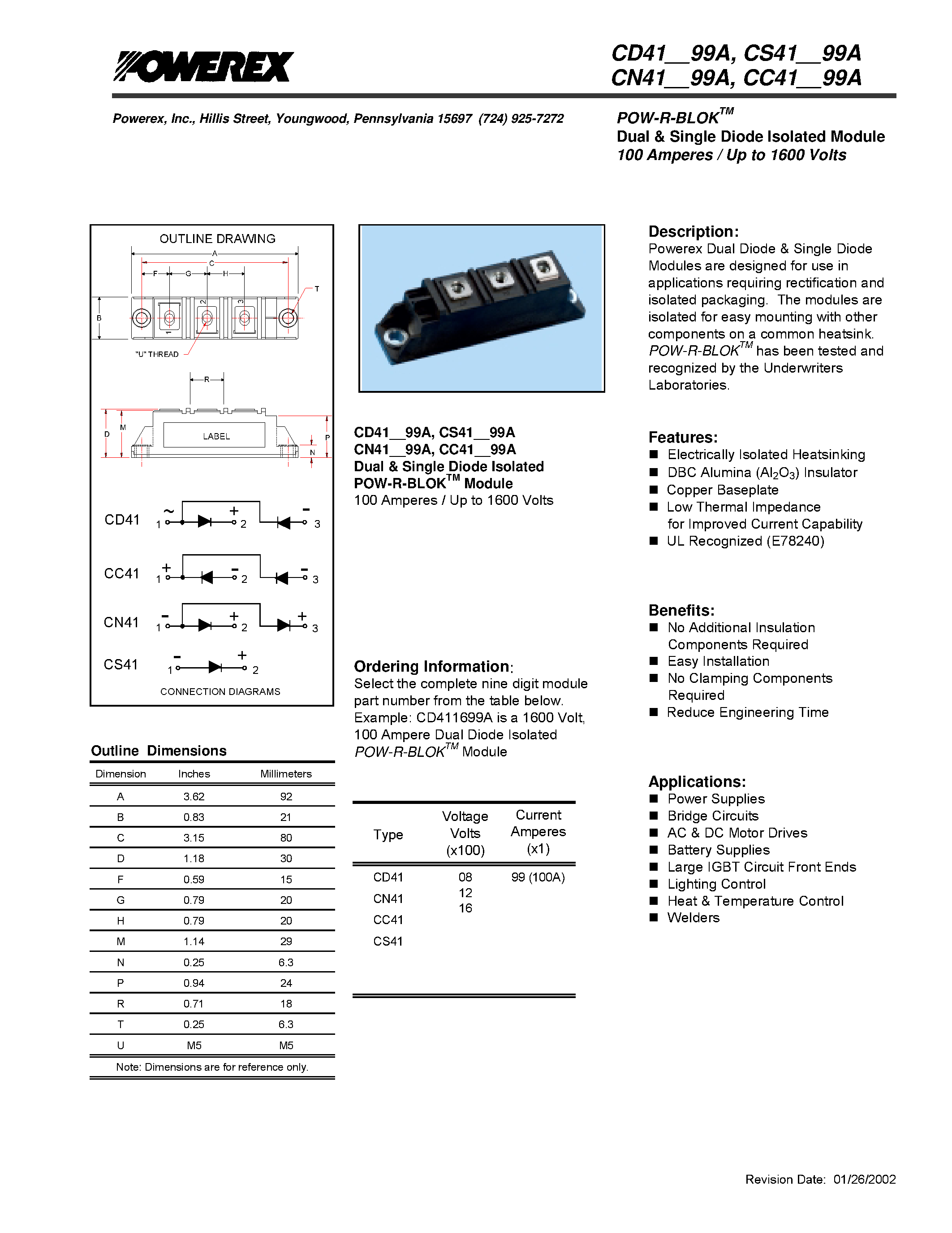 Даташит CD410899 - POW-R-BLOK Dual & Single Diode Isolated Module 100 Amperes / Up to 1600 Volts страница 1