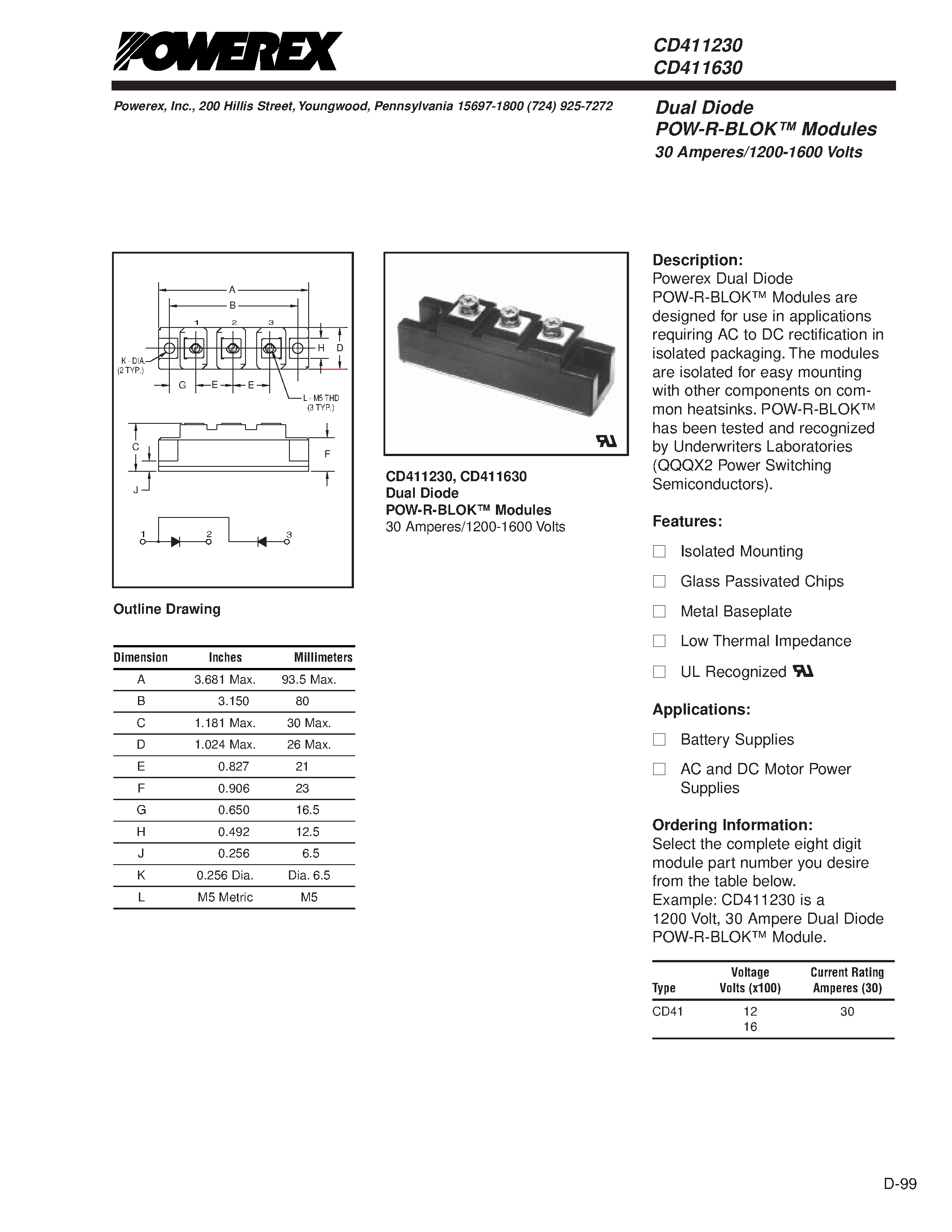 Даташит CD411230 - Dual Diode POW-R-BLOK Modules(30 Amperes/1200-1600 Volts) страница 1
