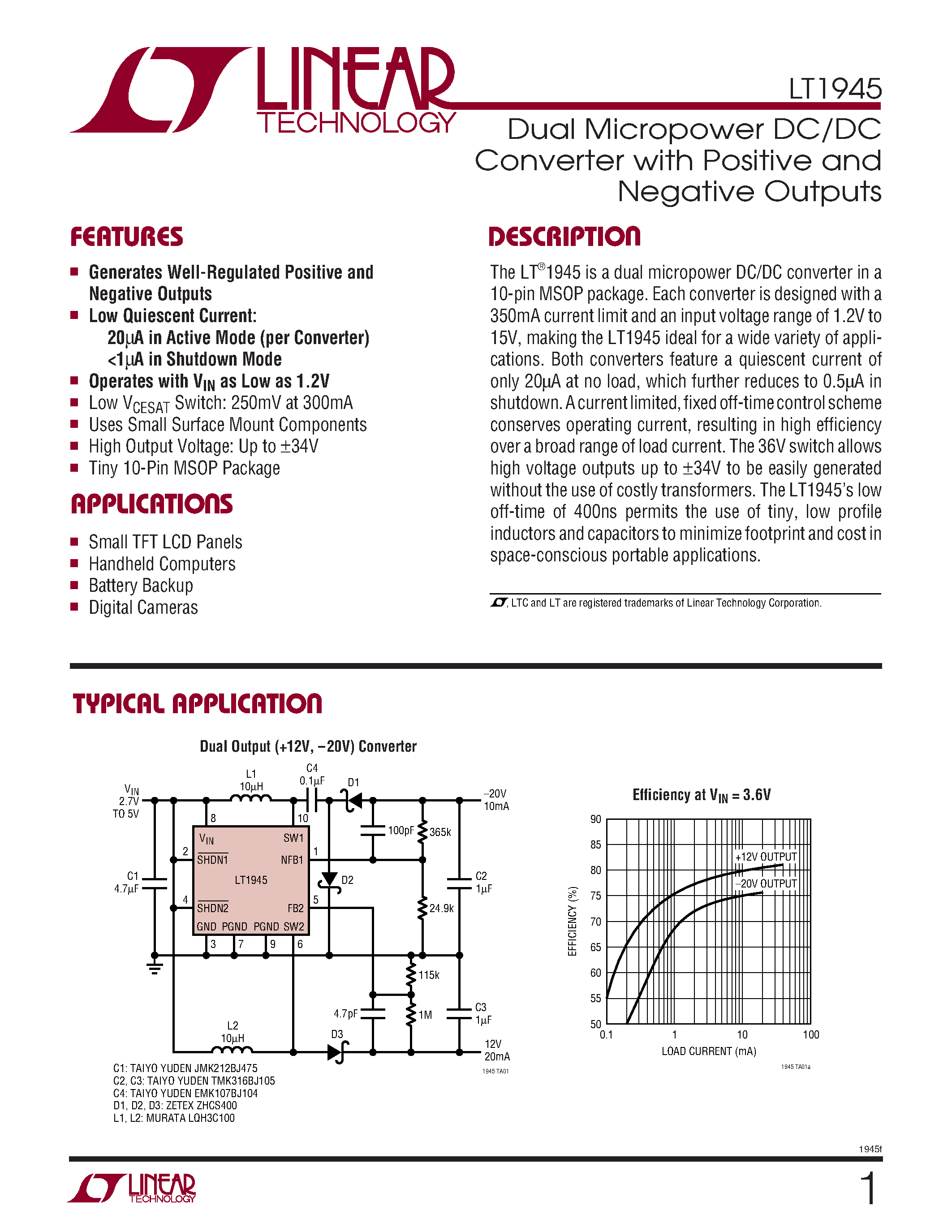 Даташит CD43-100 - Dual Micropower DC/DC Converter with Positive and Negative Outputs страница 1