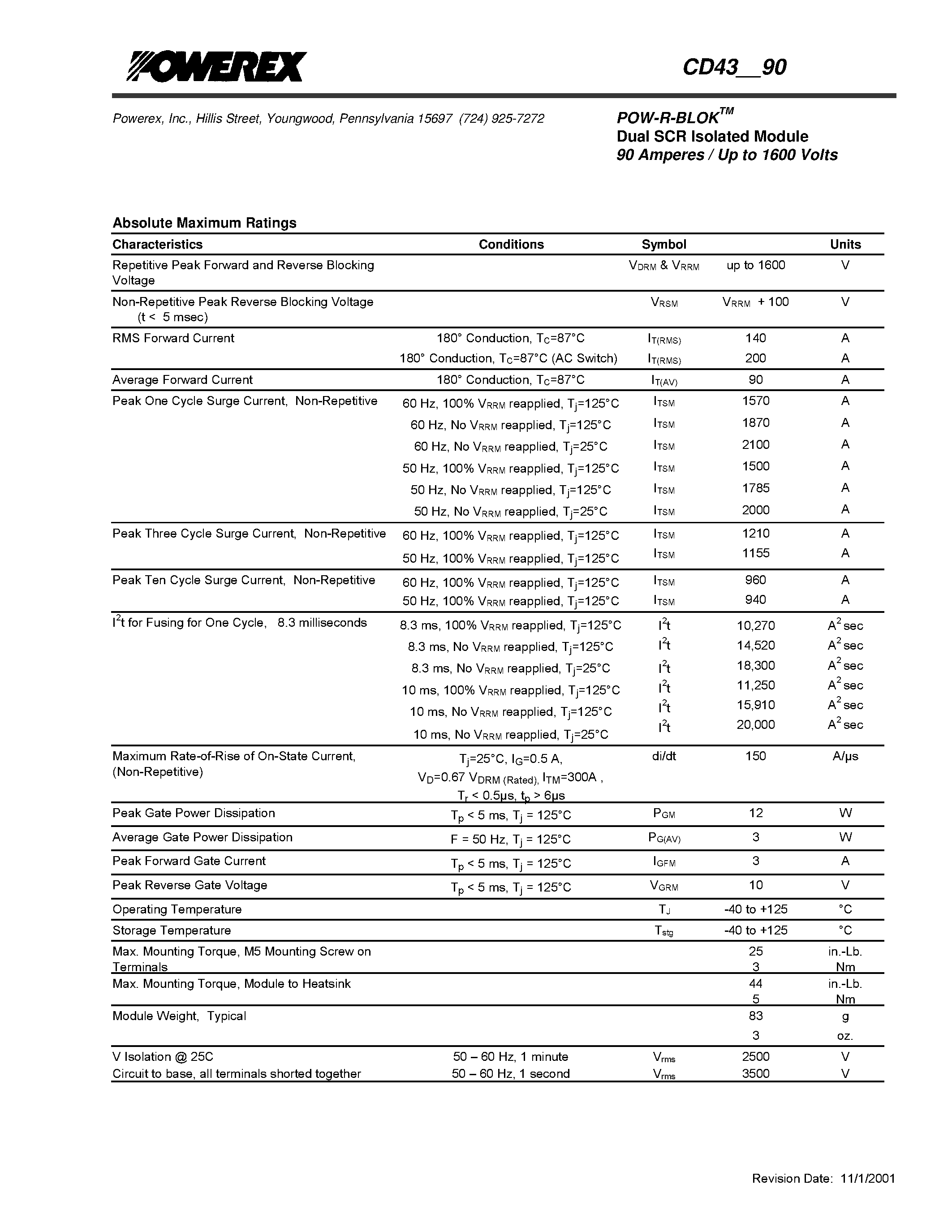 Datasheet CD430890 page 2 Datasheet CD430890 - POW-R-BLOK Dual SCR Isolated Module 90 Amperes / Up to 1600 Volts page 2