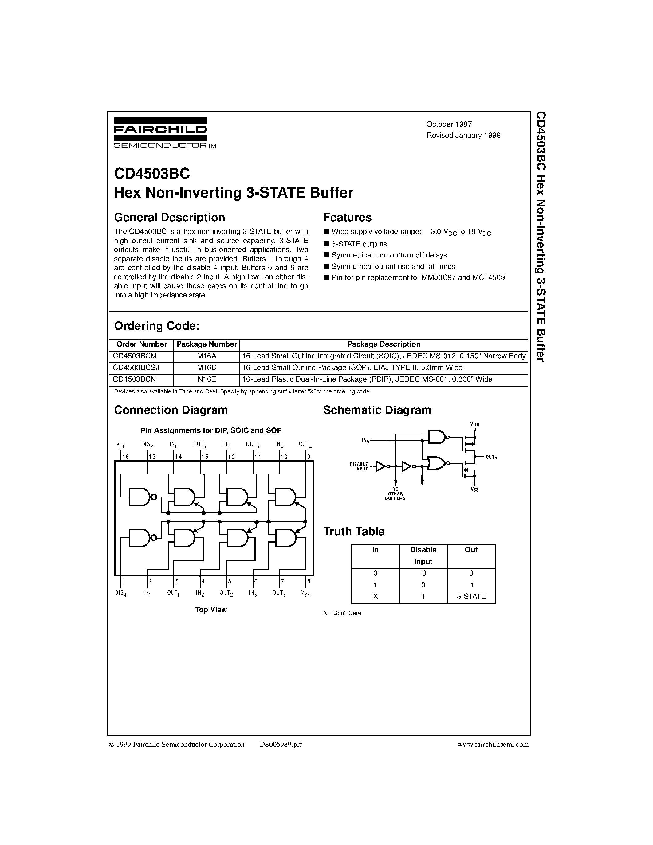 Даташит CD4503 - Hex Non-Inverting 3-STATE Buffer страница 1