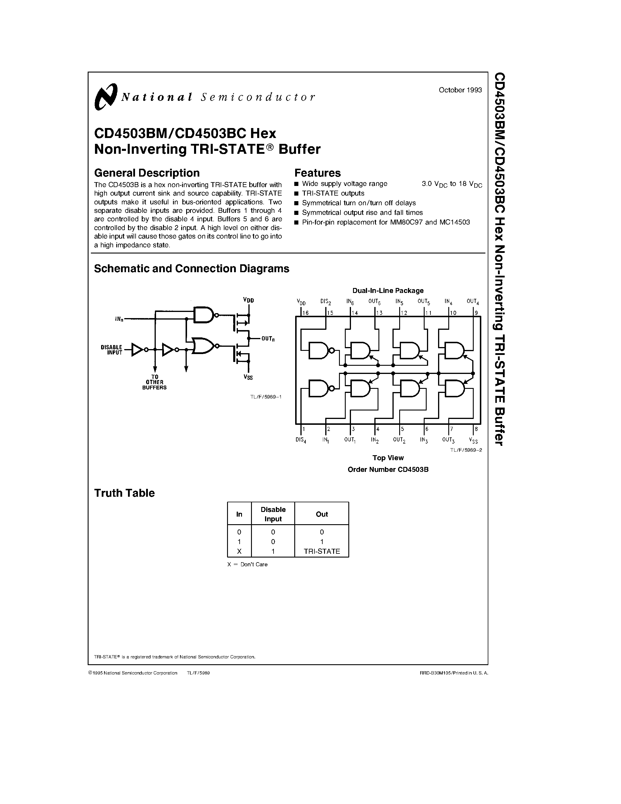 Даташит CD4503BC - Hex Non-Inverting TRI-STATE Buffer страница 1