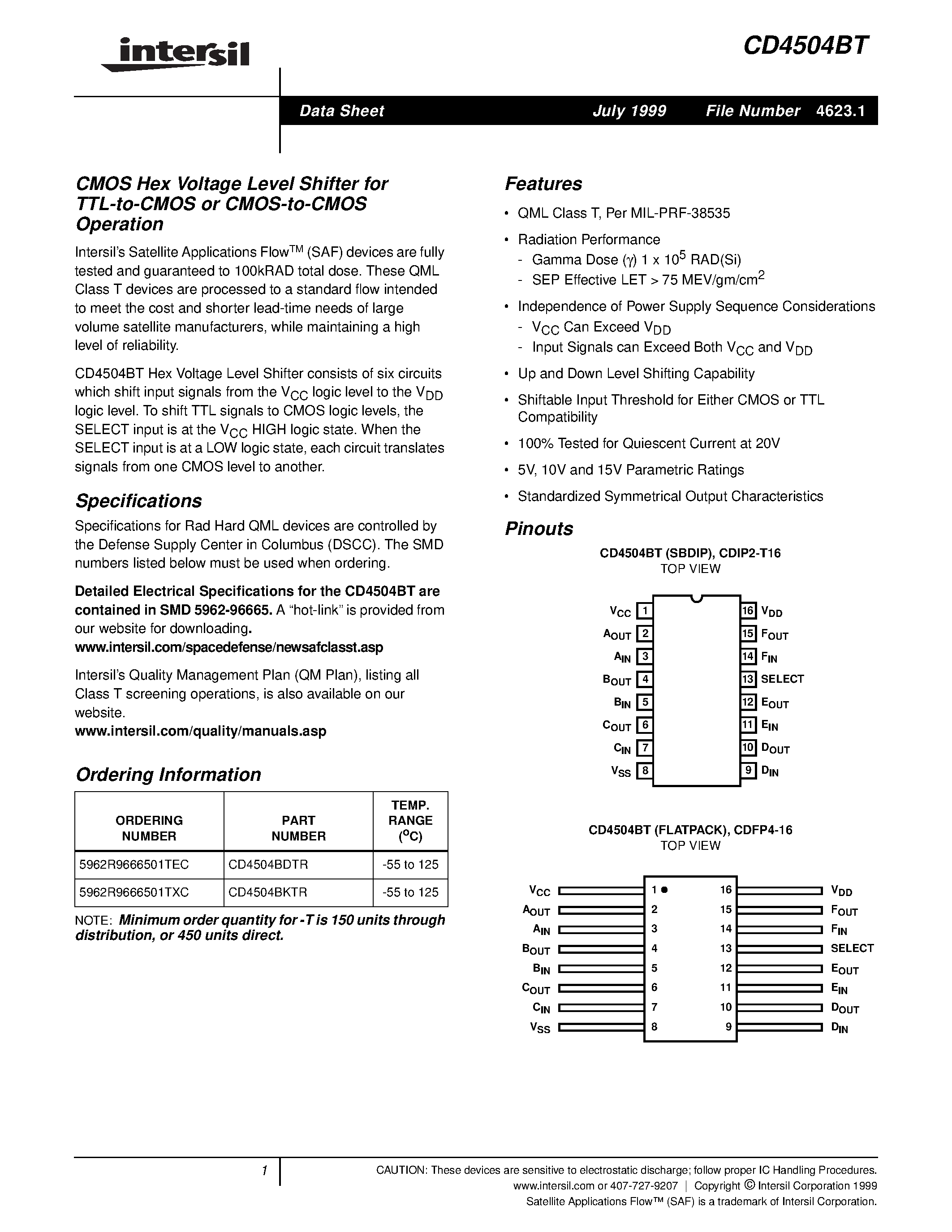 Даташит CD4504B - CMOS Hex Voltage Level Shifter for TTL-to-CMOS or CMOS-to-CMOS Operation страница 1