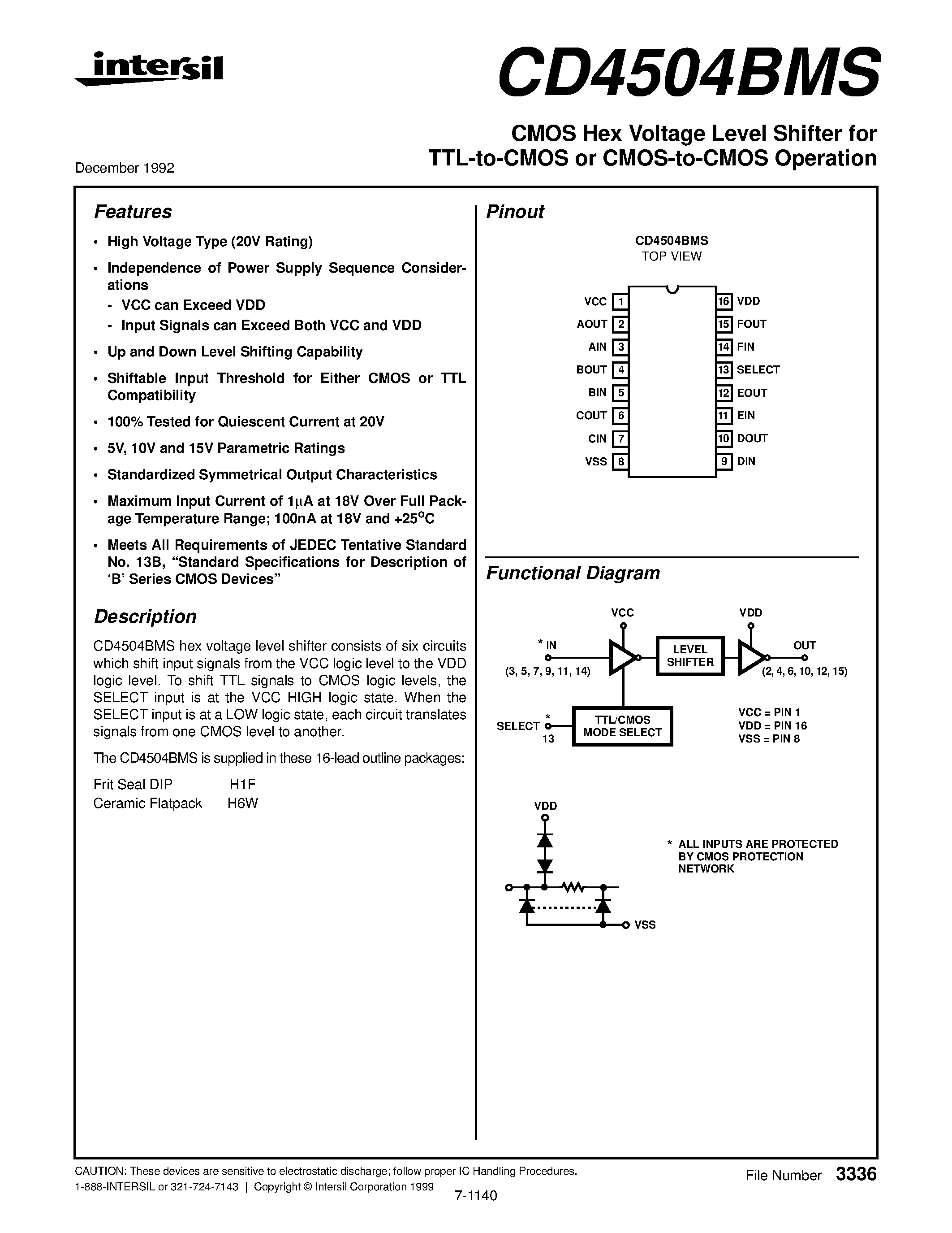 Даташит CD4504BMS - CMOS Hex Voltage Level Shifter for TTL-to-CMOS or CMOS-to-CMOS Operation страница 1