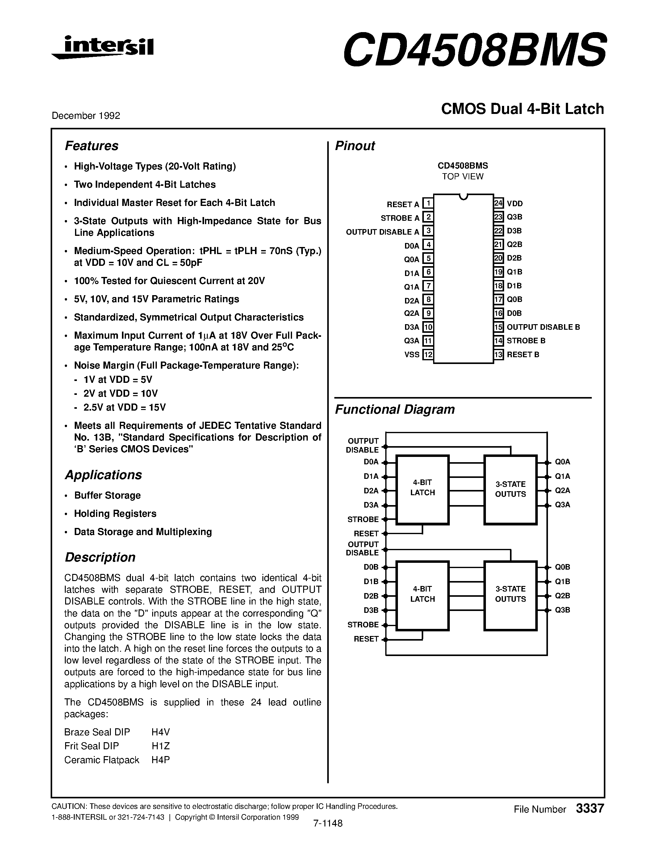 Datasheet CD4508BMS page 1 Datasheet CD4508BMS - CMOS Dual 4-Bit Latch page 1