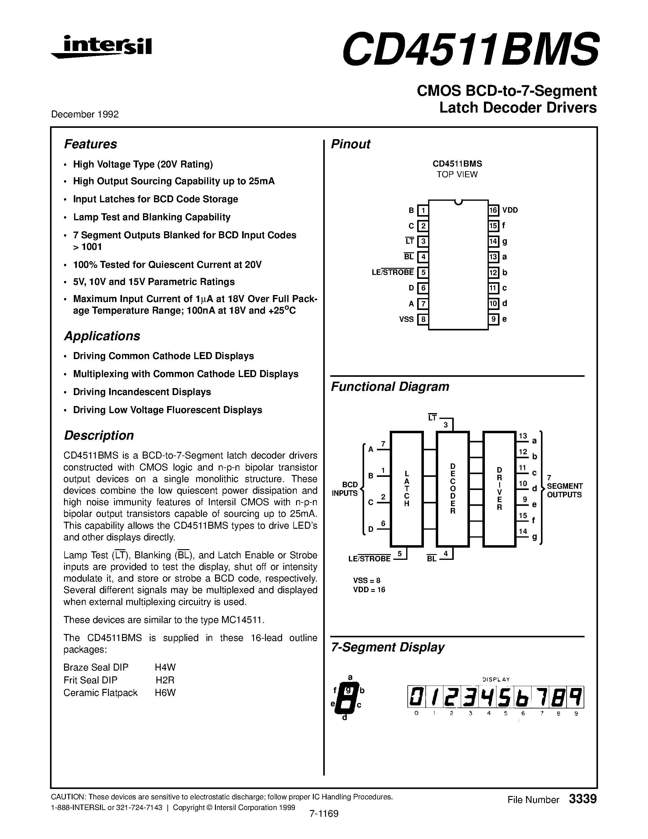 Даташит CD4511BMS - CMOS BCD-to-7-Segment Latch Decoder Drivers страница 1