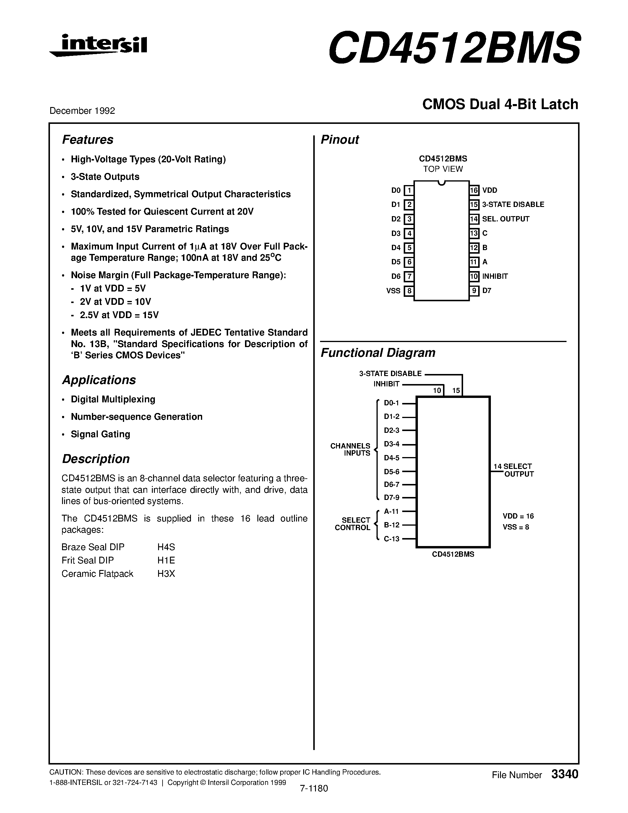 Datasheet CD4512BMS - CMOS Dual 4-Bit Latch page 1