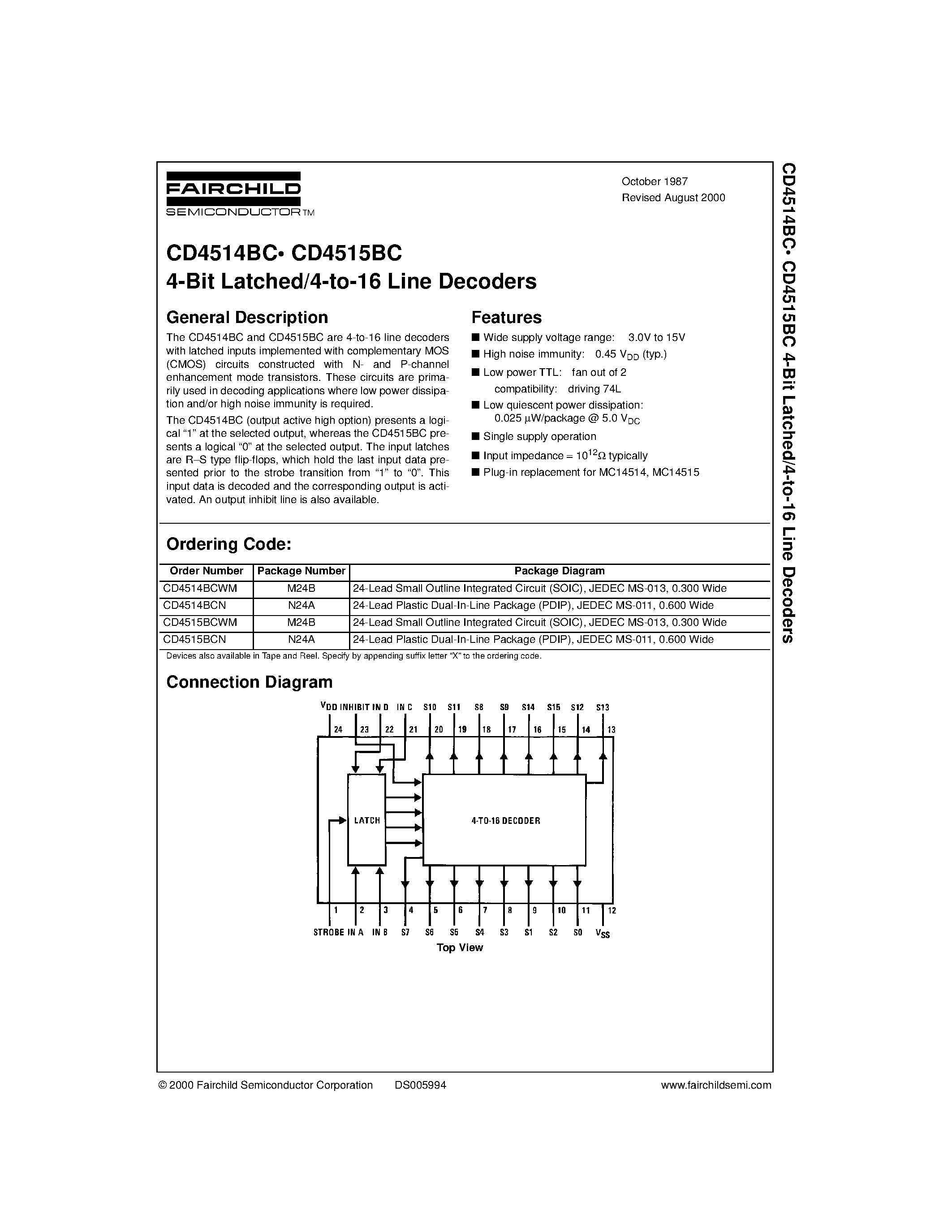 Datasheet CD4514 - 4-Bit Latched/4-to-16 Line Decoders page 1