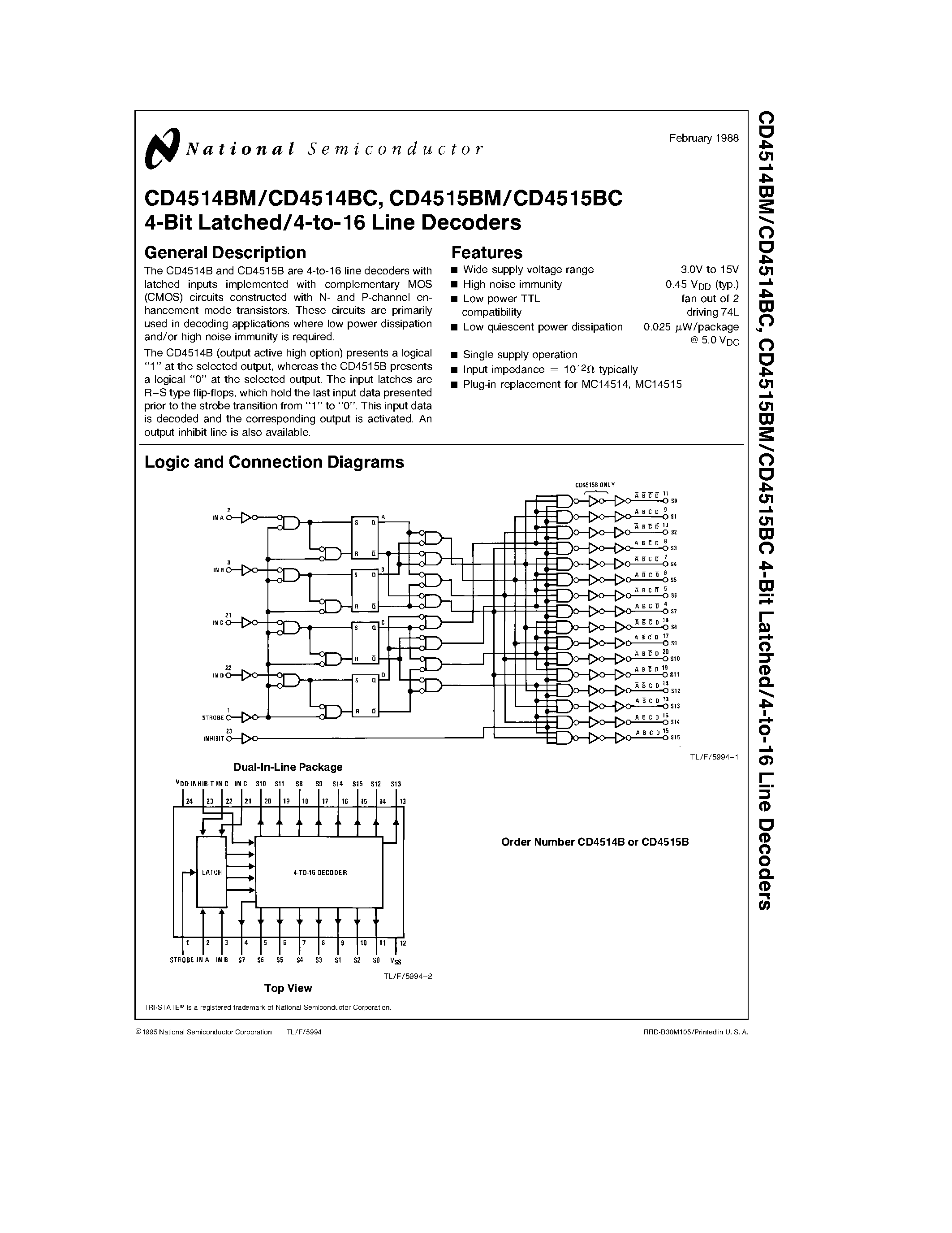 Даташит на микросхему CD4514 страница 1 Даташит CD4514 - 4-Bit Latched/4-to-16 Line Decoders страница 1