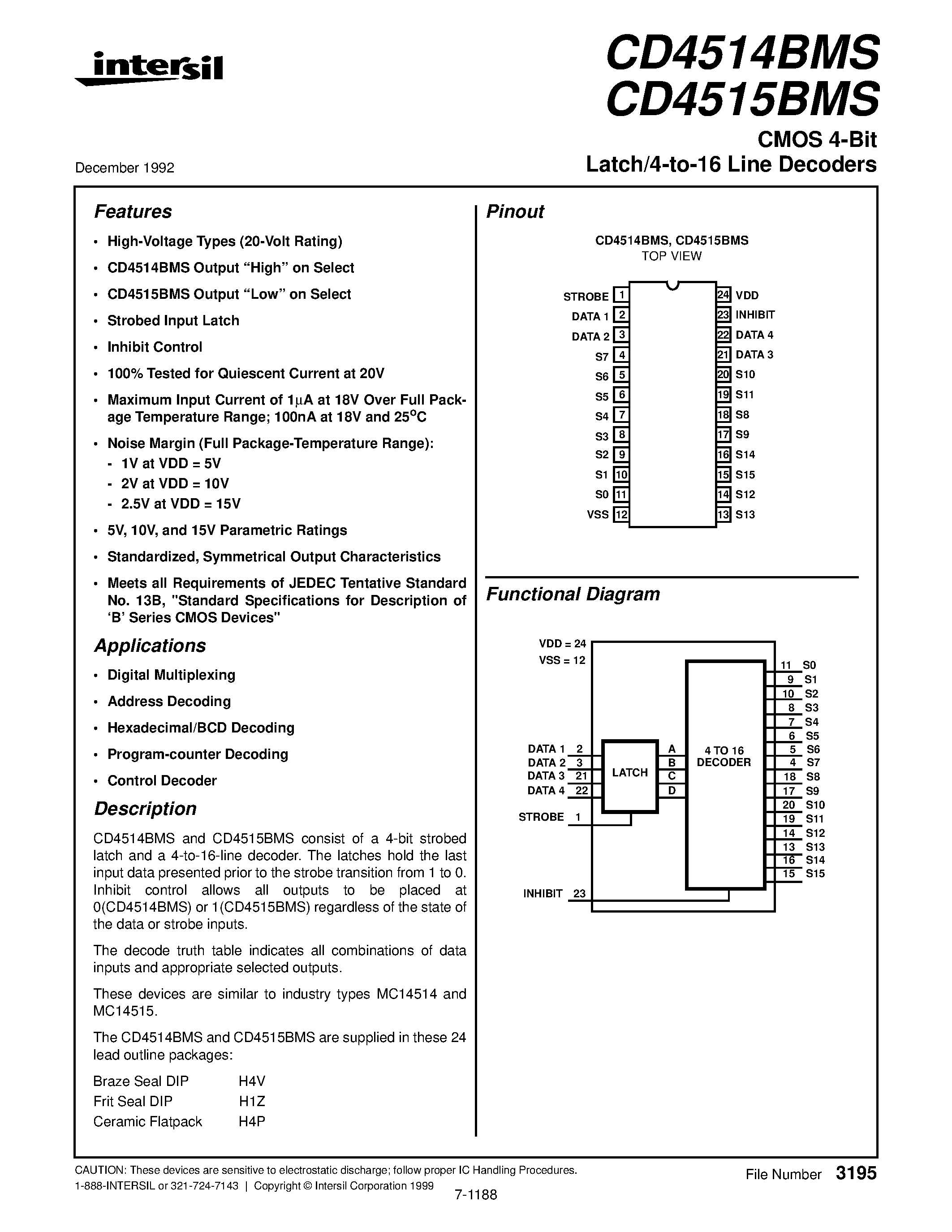 Даташит CD4515BMS - CMOS 4-Bit Latch/4-to-16 Line Decoders страница 1
