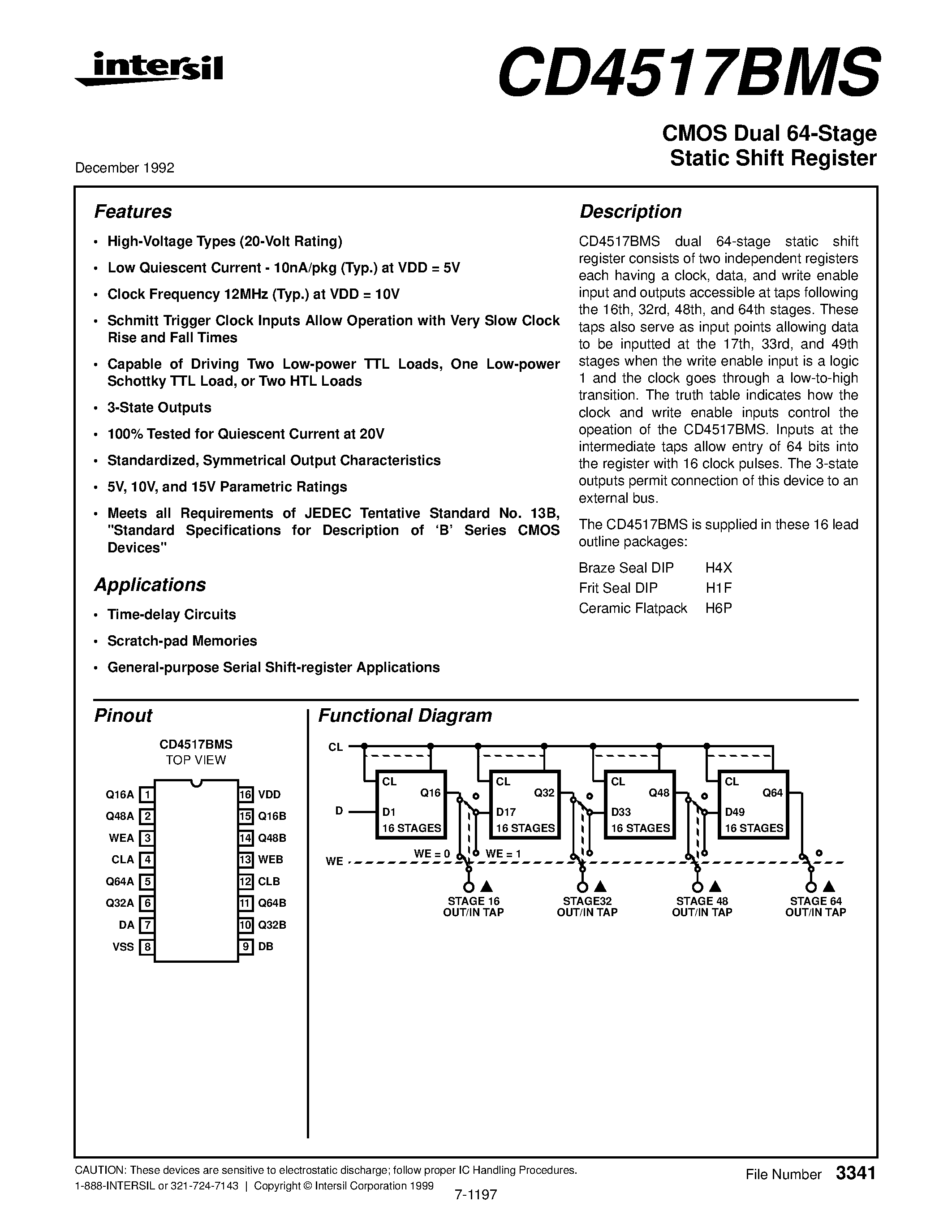 Даташит CD4517BMS - CMOS Dual 64-Stage Static Shift Register страница 1
