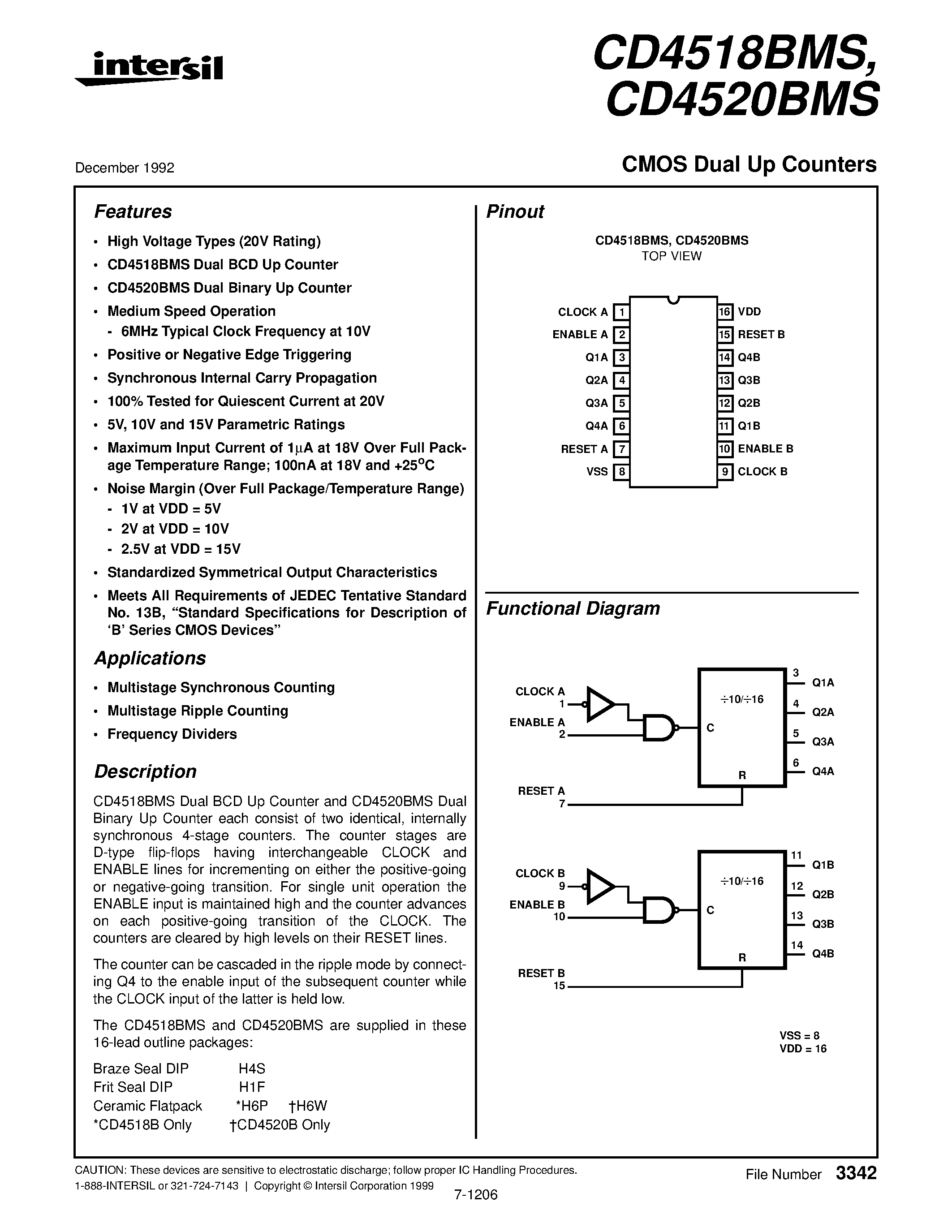 Даташит CD4518 - CMOS Dual Up Counters страница 1