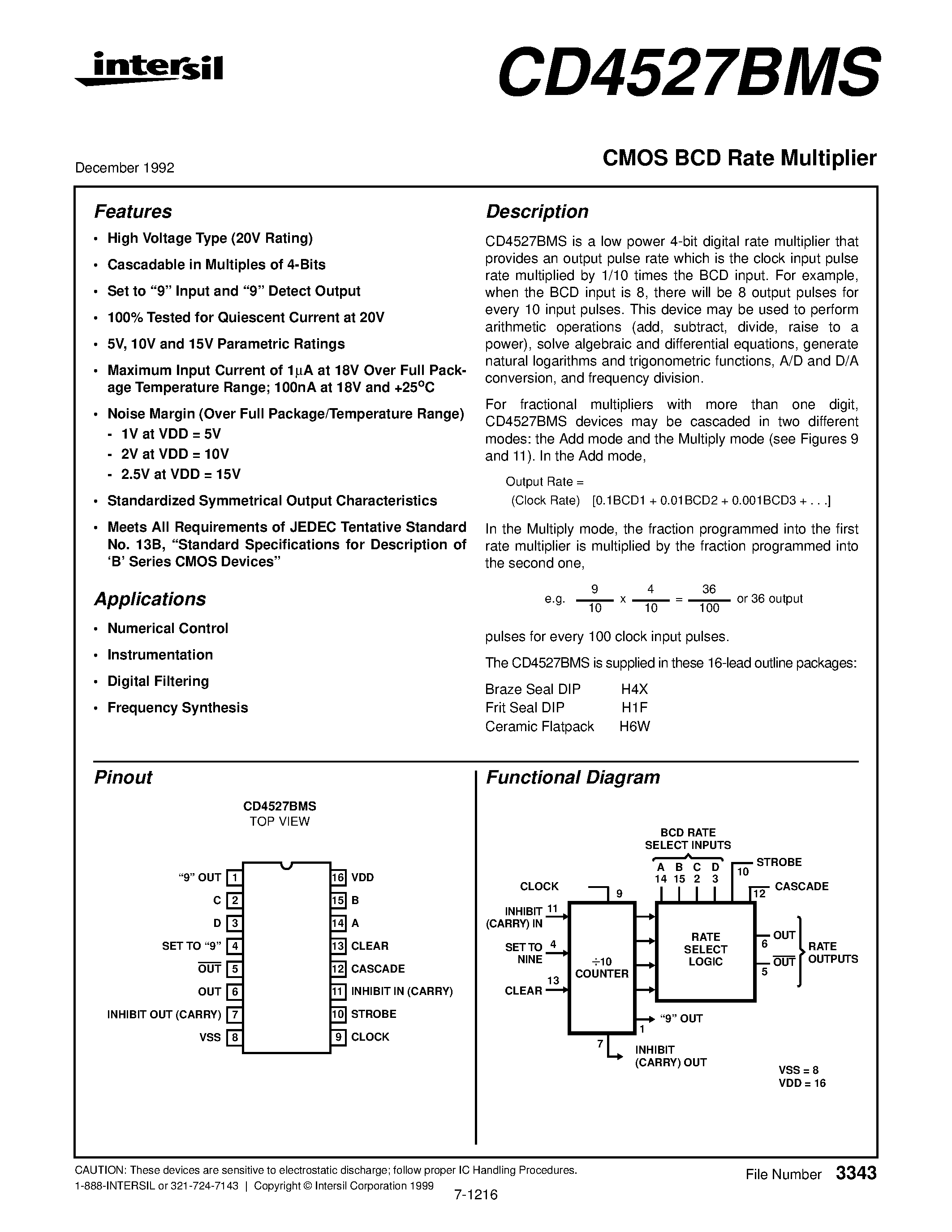 Даташит CD4527 - CMOS BCD Rate Multiplier страница 1