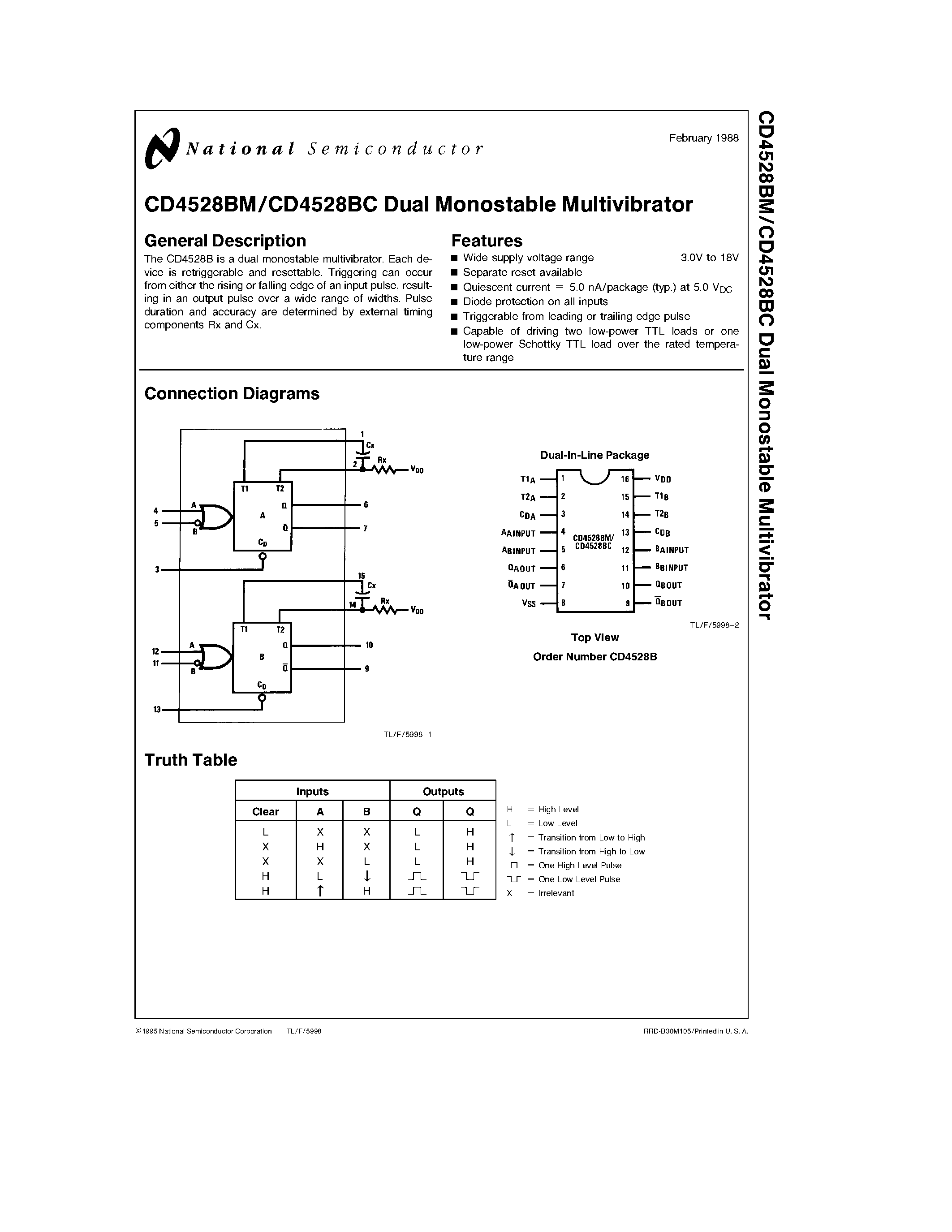 Даташит CD4528BMJ - Dual Monostable Multivibrator страница 1