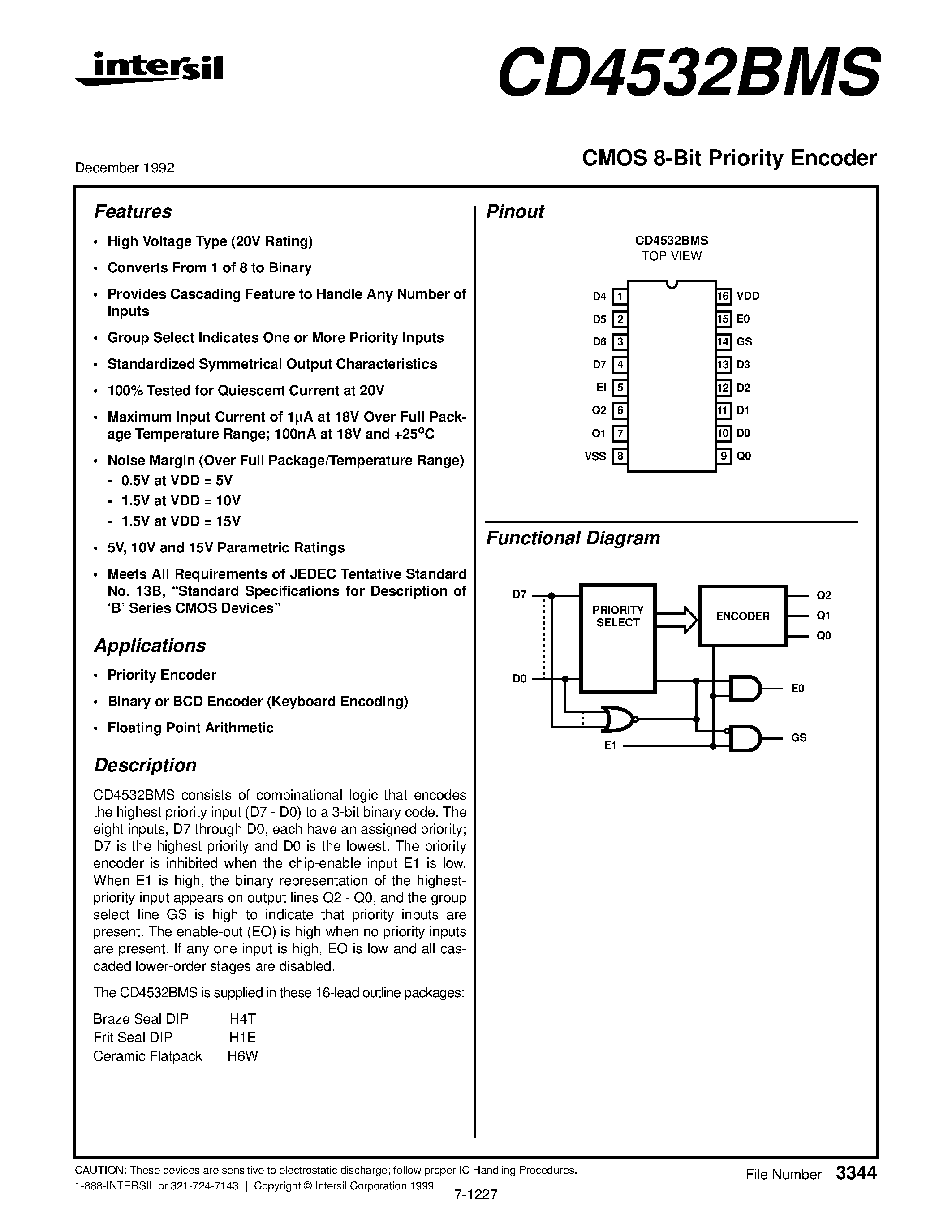 Даташит на микросхему CD4532BMS страница 1 Даташит CD4532BMS - CMOS 8-Bit Priority Encoder страница 1