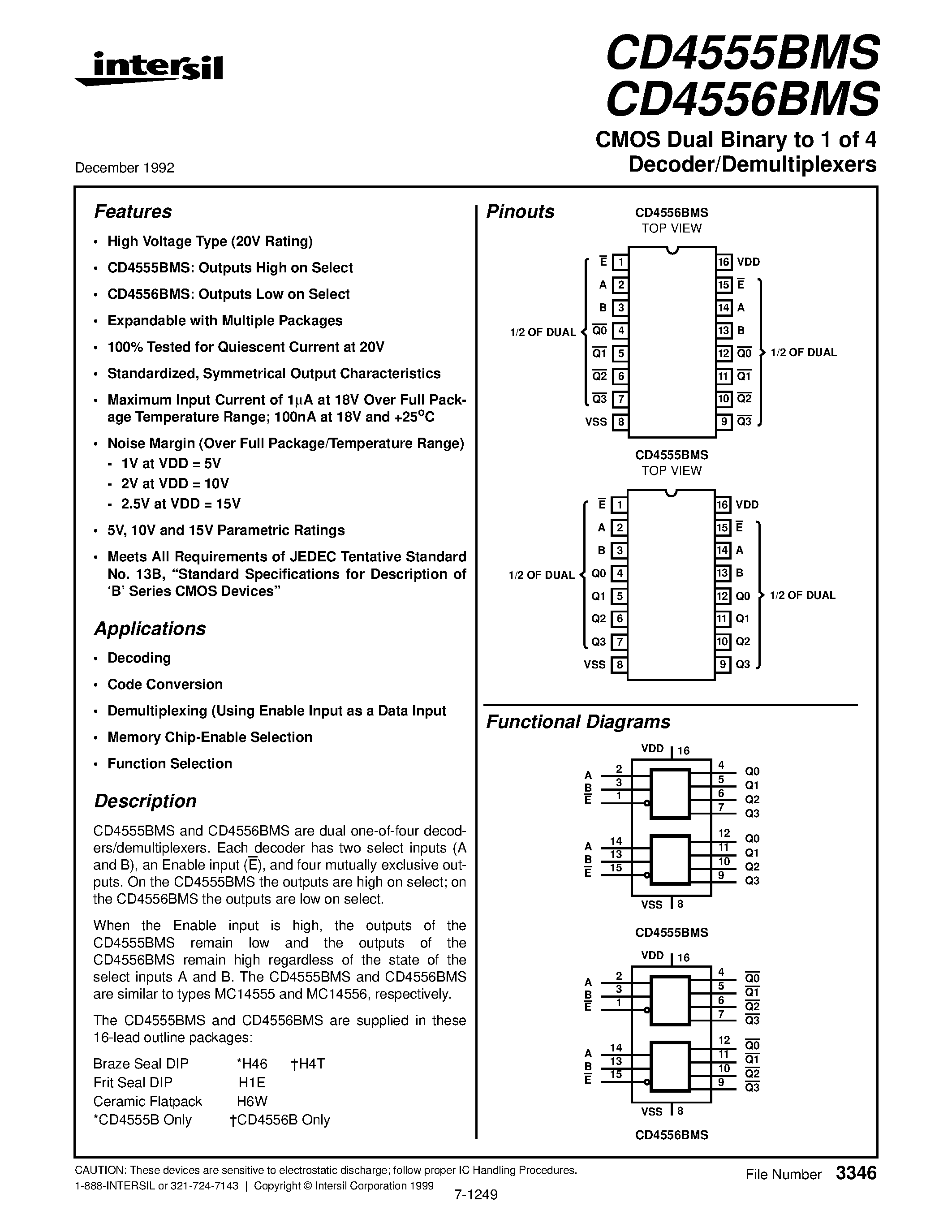 Datasheet CD4556BMS - CMOS Dual Binary to 1 of 4 Decoder/Demultiplexers page 1