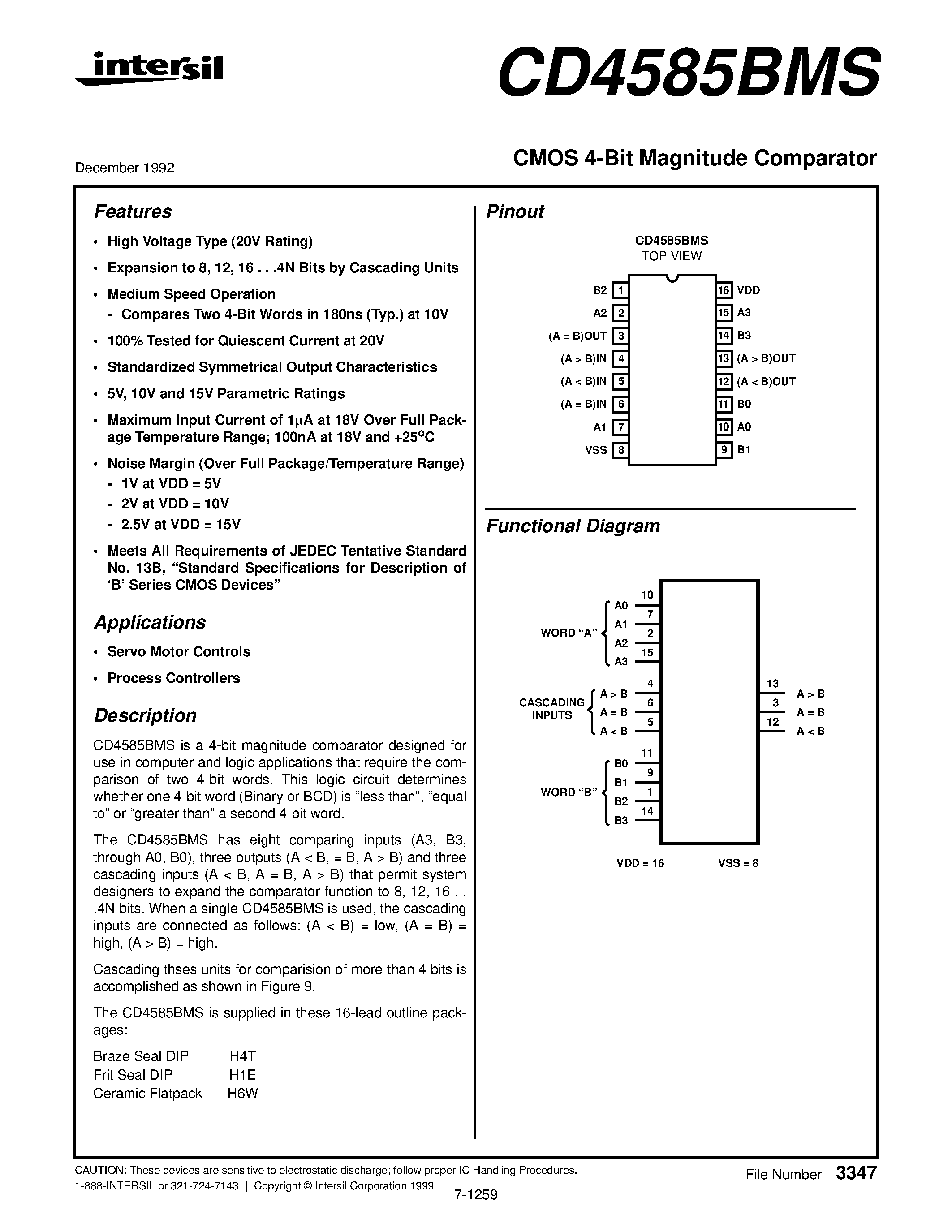Datasheet CD4585BMS - CMOS 4-Bit Magnitude Comparator page 1