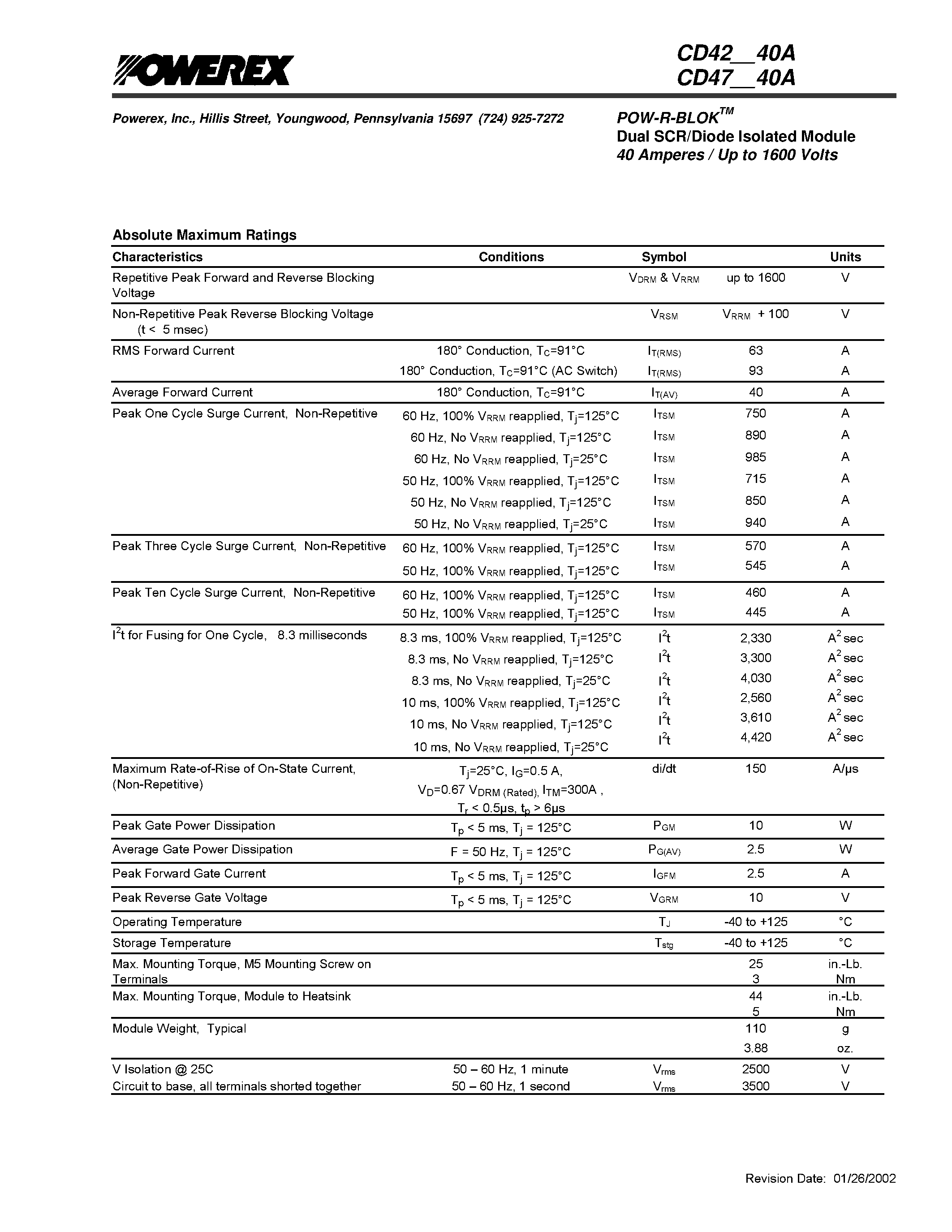 Datasheet CD471240 - POW-R-BLOK Dual SCR/Diode Isolated Module 40 Amperes / Up to 1600 Volts page 2