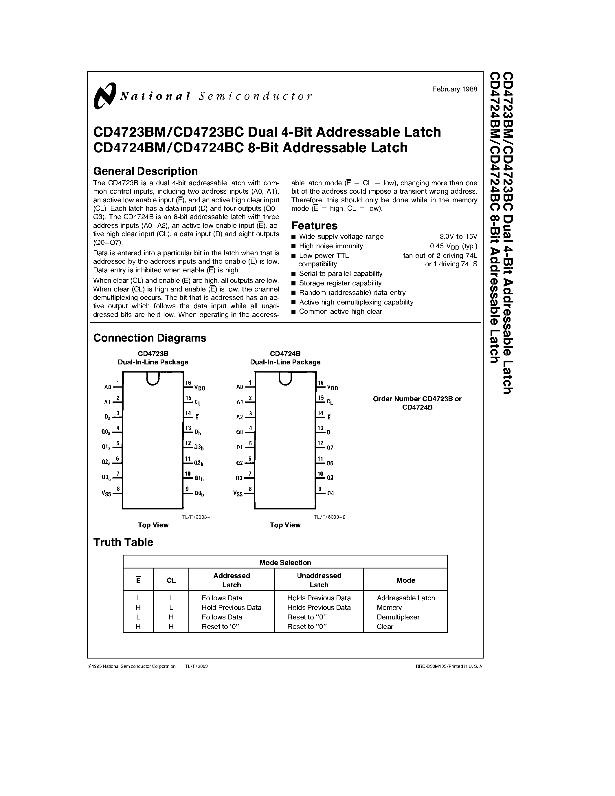 Datasheet CD4724BCJ page 1 Datasheet CD4724BCJ - Dual 4-Bit/ 8-Bit Addressable Latch page 1