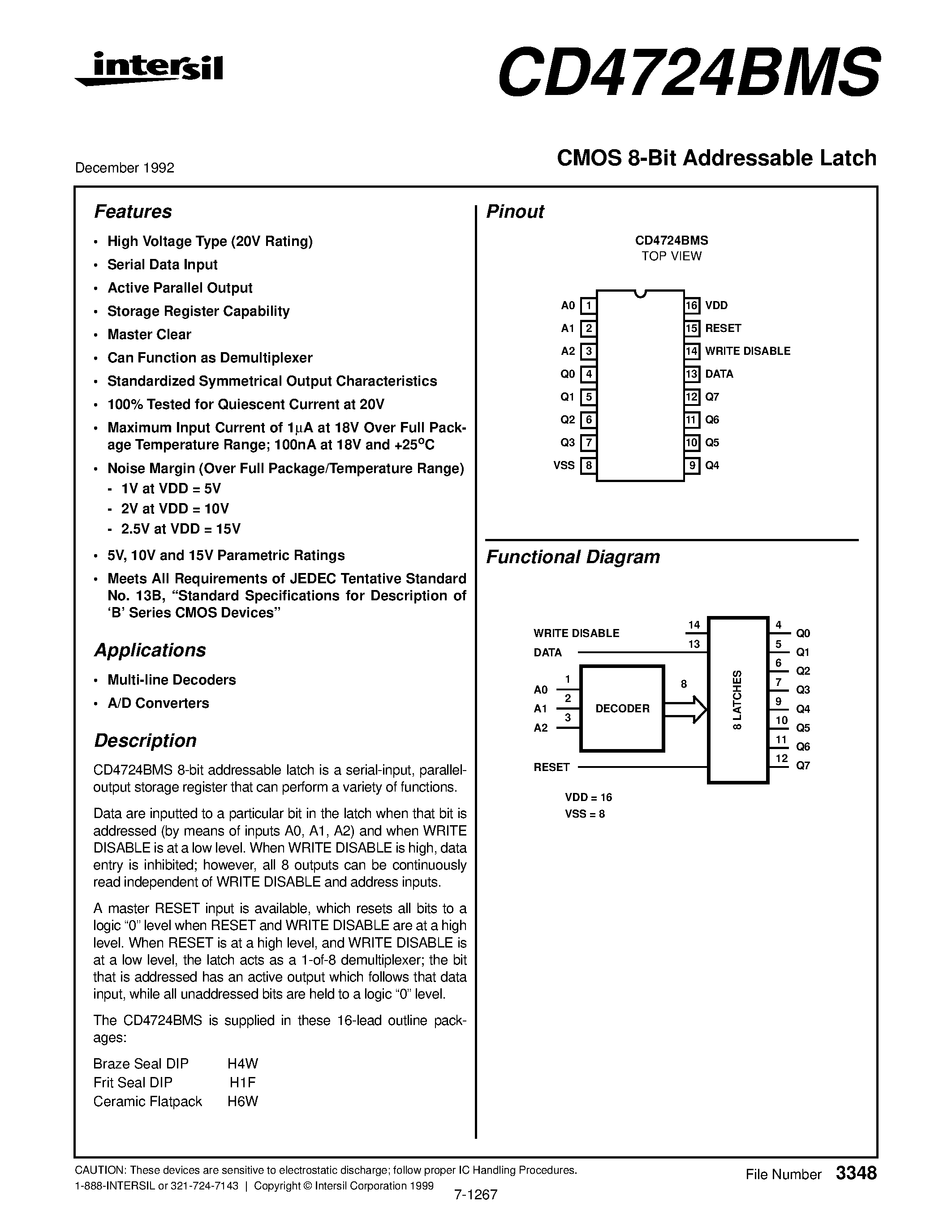 Datasheet CD4724BMS - CMOS 8-Bit Addressable Latch page 1