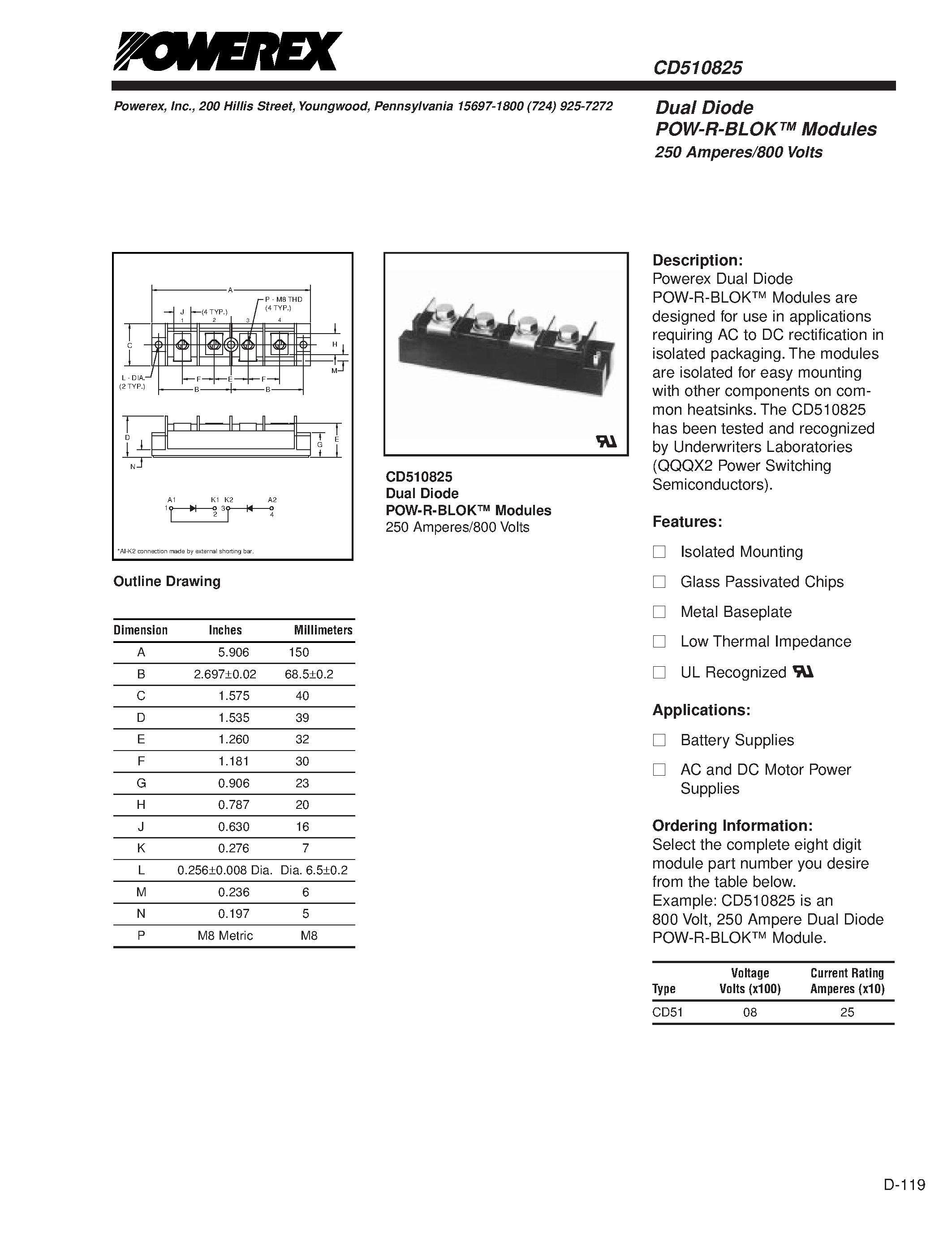 Datasheet CD510825 page 1 Datasheet CD510825 - Dual Diode POW-R-BLOK Modules 250 Amperes/800 Volts page 1