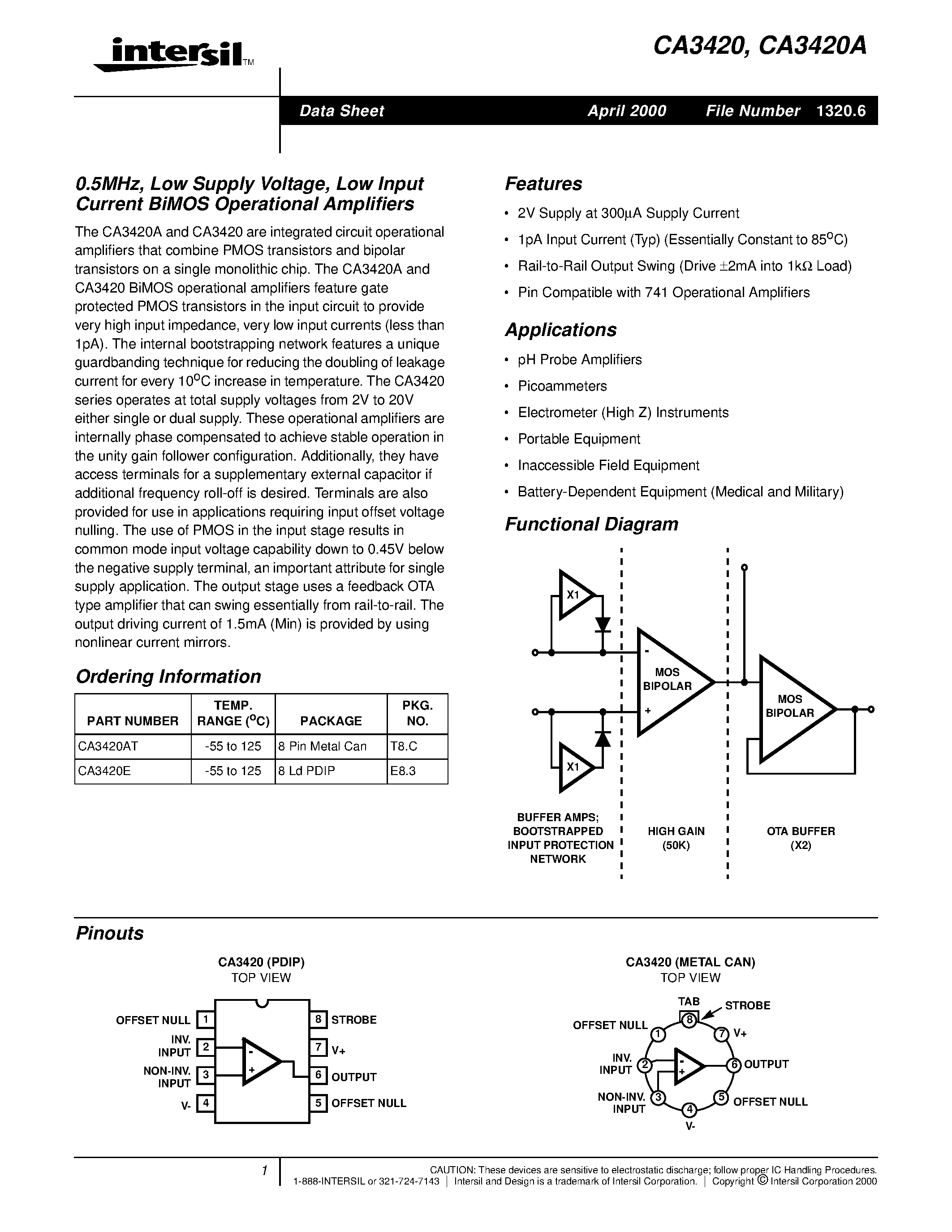 Datasheet CA3420 - 0.5MHz/ Low Supply Voltage/ Low Input Current BiMOS Operational Amplifiers page 1