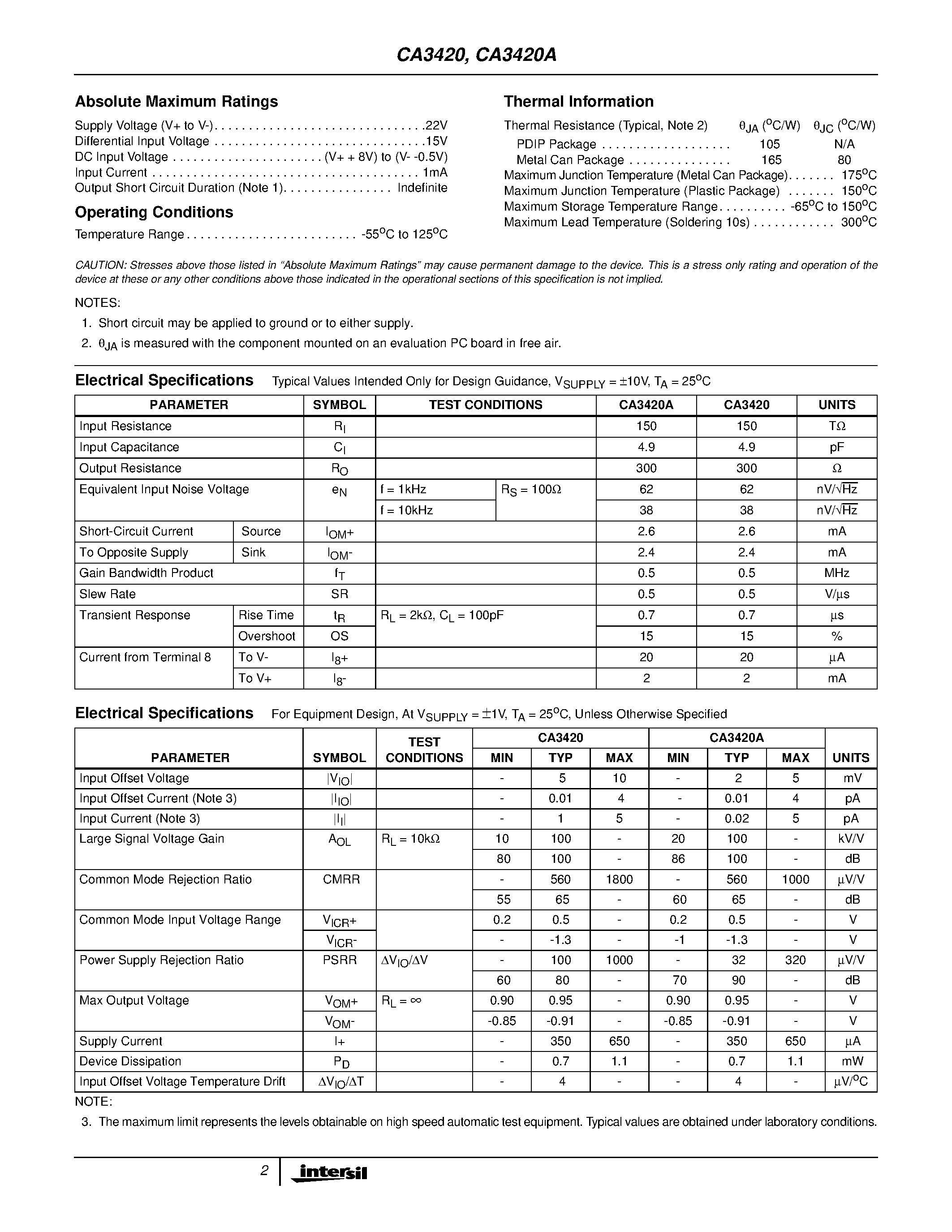 Datasheet CA3420A page 2 Datasheet CA3420A - 0.5MHz/ Low Supply Voltage/ Low Input Current BiMOS Operational Amplifiers page 2