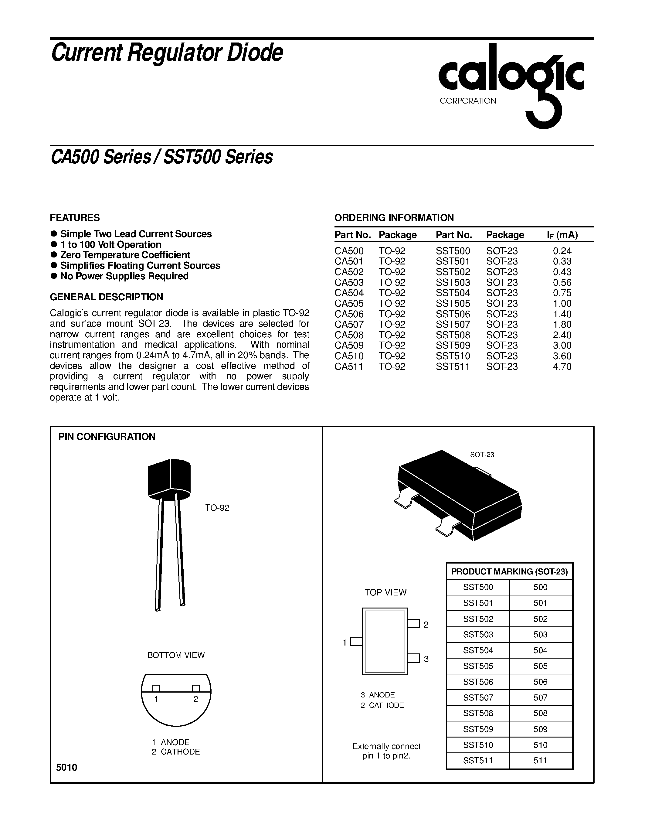 Datasheet CA511 page 1 Datasheet CA511 - Current Regulator Diode page 1