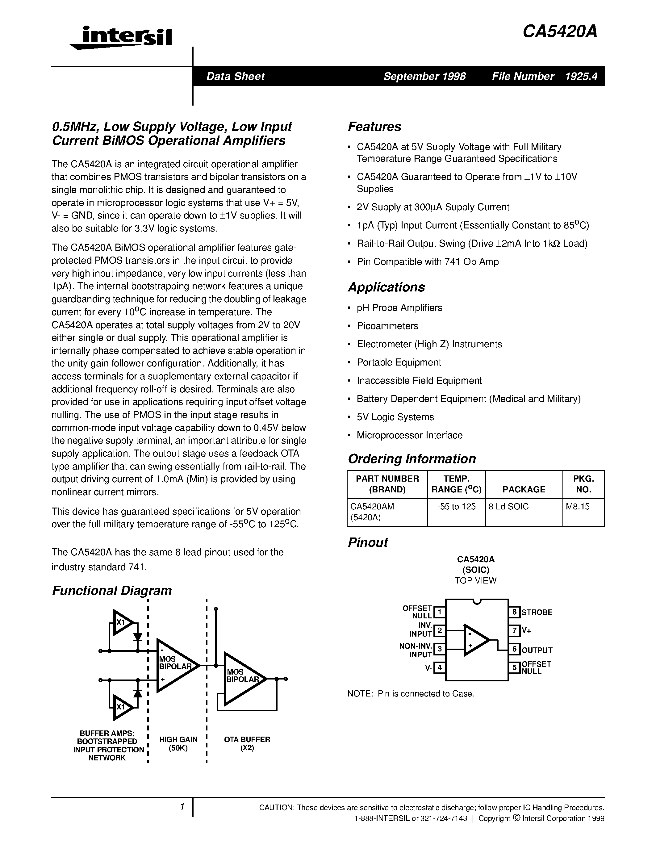 Datasheet CA5420AM page 1 Datasheet CA5420AM - 0.5MHz/ Low Supply Voltage/ Low Input Current BiMOS Operational Amplifiers page 1