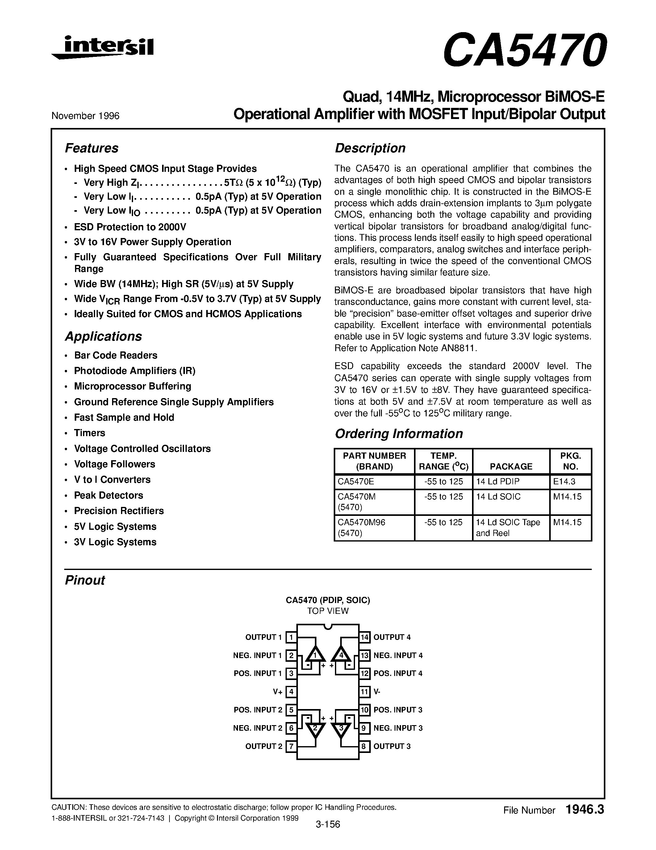 Даташит CA5470E - Quad/ 14MHz/ Microprocessor BiMOS-E Operational Amplifier with MOSFET Input/Bipolar Output страница 1