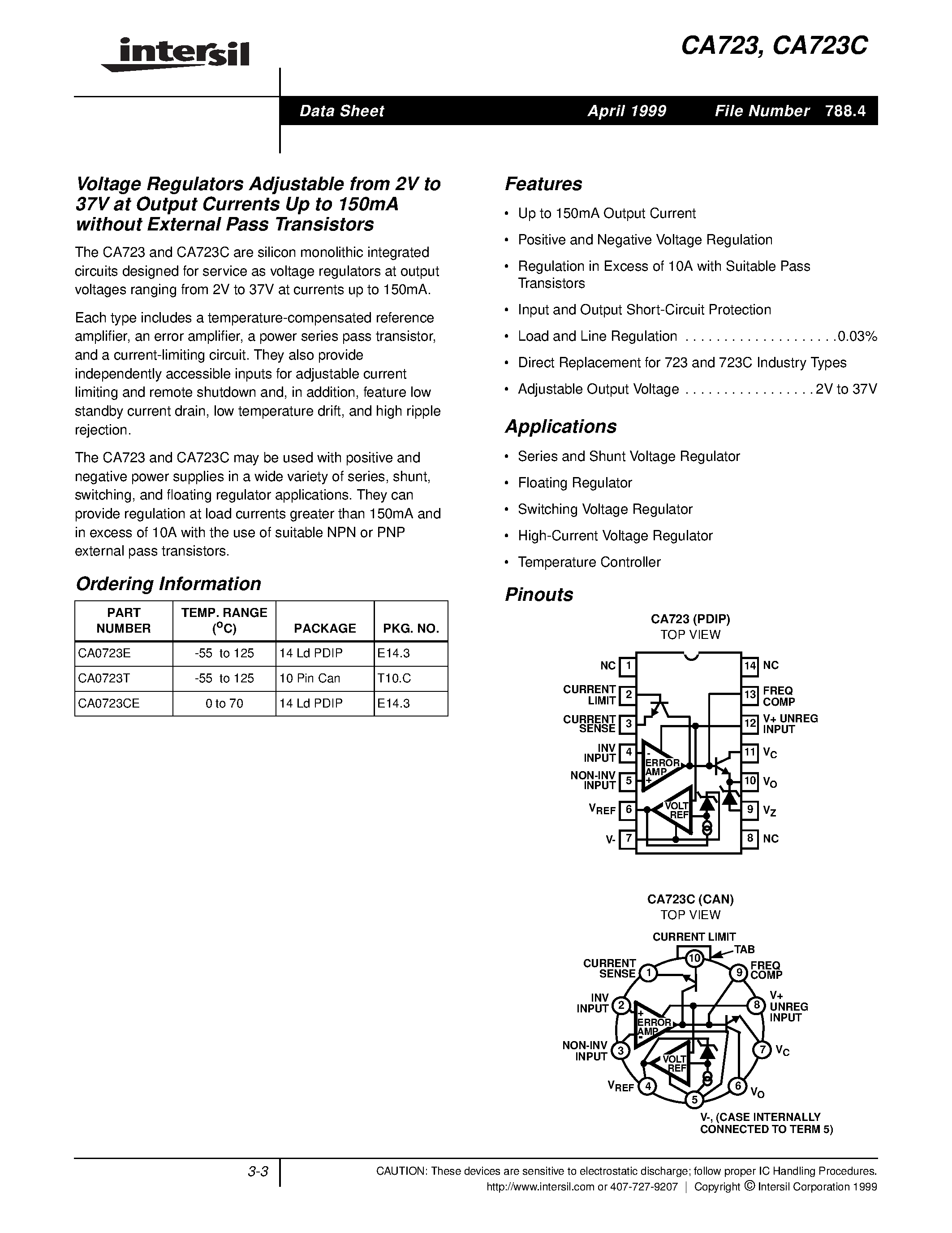 Даташит CA723 - Voltage Regulators Adjustable from 2V to 37V at Output Currents Up to 150mA without External Pass Transistors страница 1