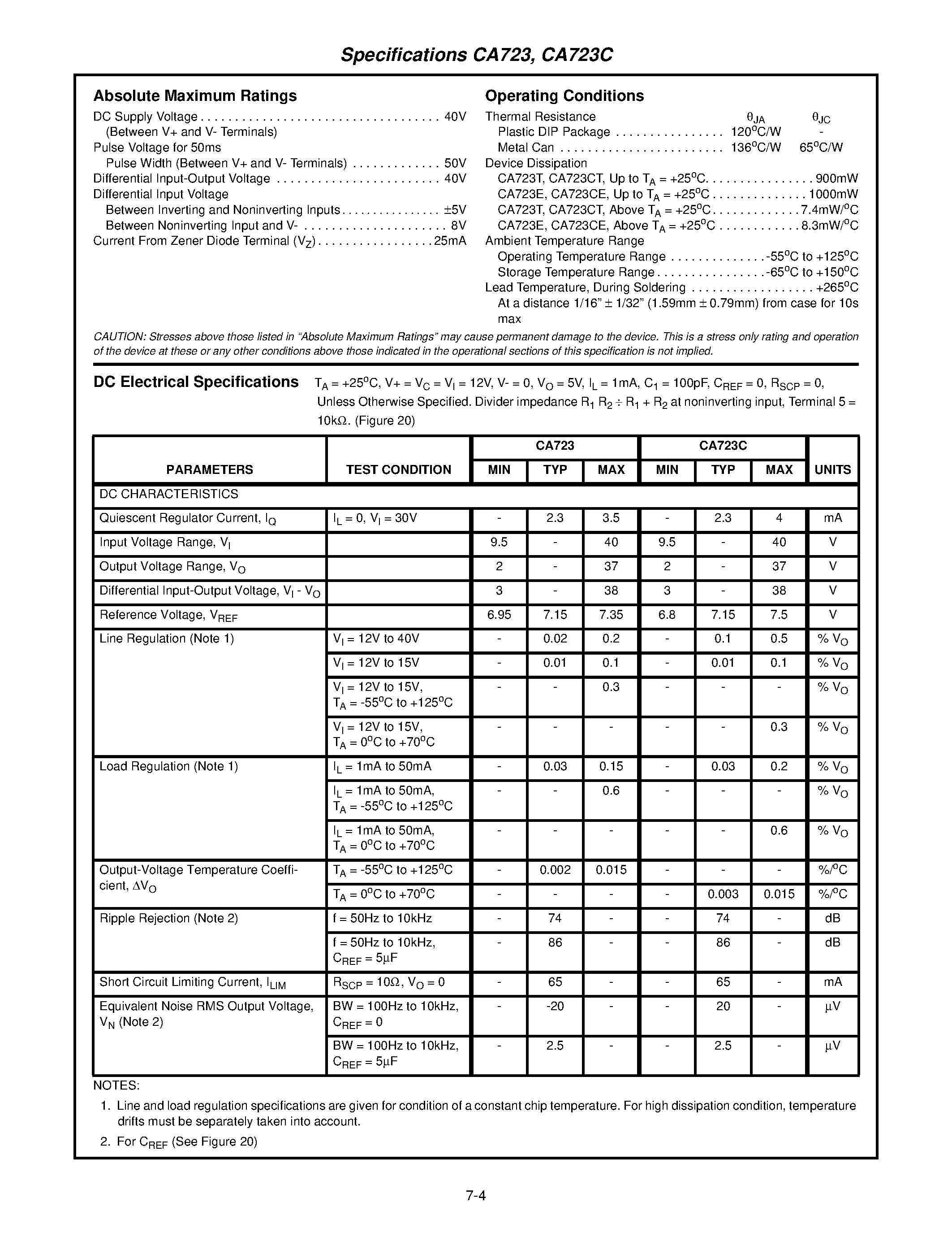 Даташит CA723 - Voltage Regulators Adjustable from 2V to 37V at Output Currents Up to 150mA Without External Pass Transistors страница 2