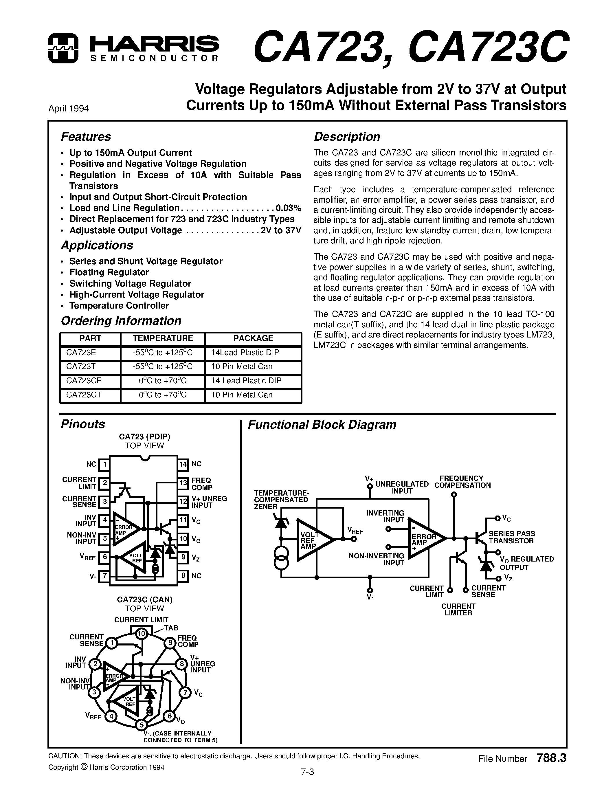 Даташит CA723T - Voltage Regulators Adjustable from 2V to 37V at Output Currents Up to 150mA Without External Pass Transistors страница 1
