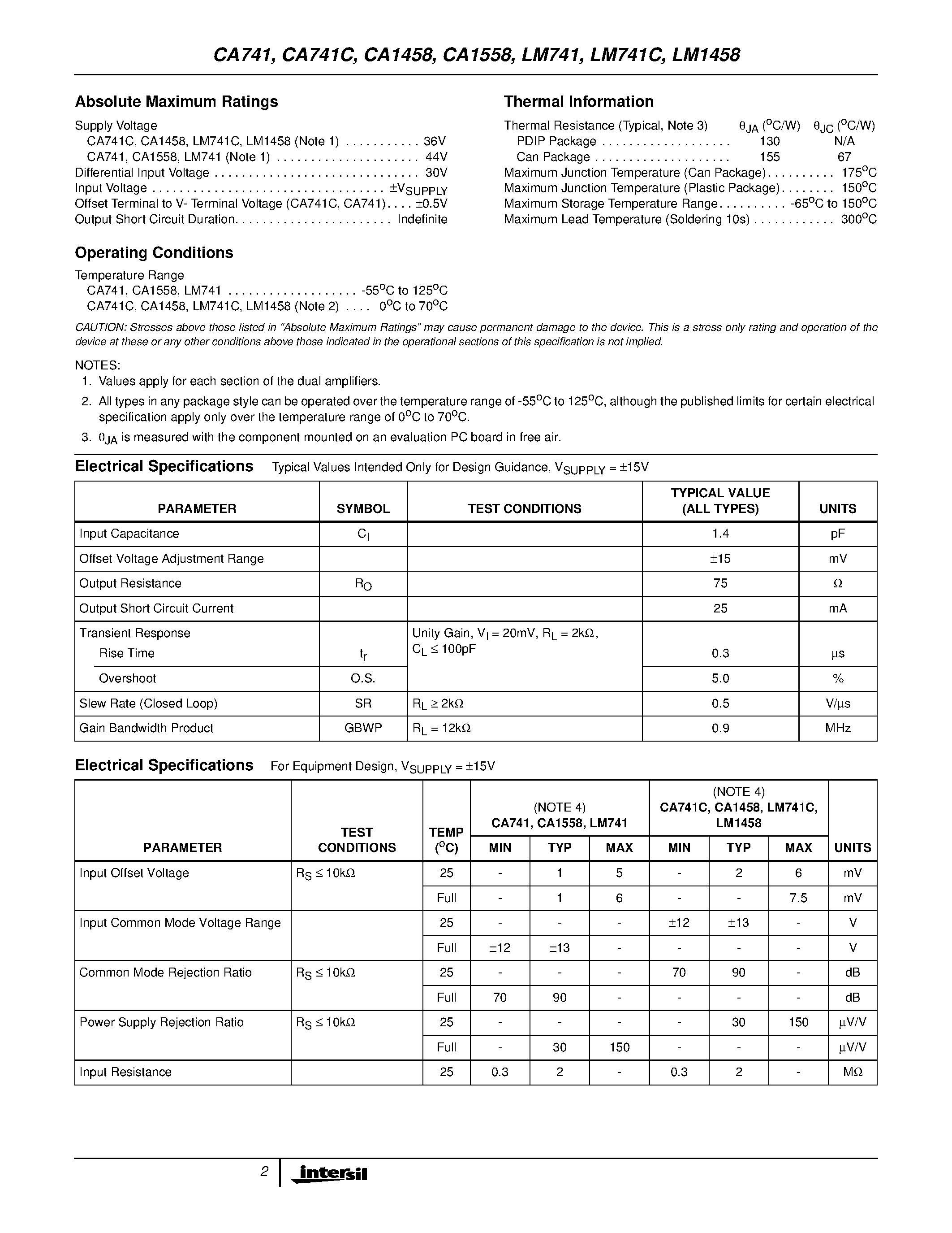 Datasheet CA741C page 2 Datasheet CA741C - 0.9MHz Single and Dual/ High Gain Operational Amplifiers for Military/ Industrial and Commercial Applications page 2