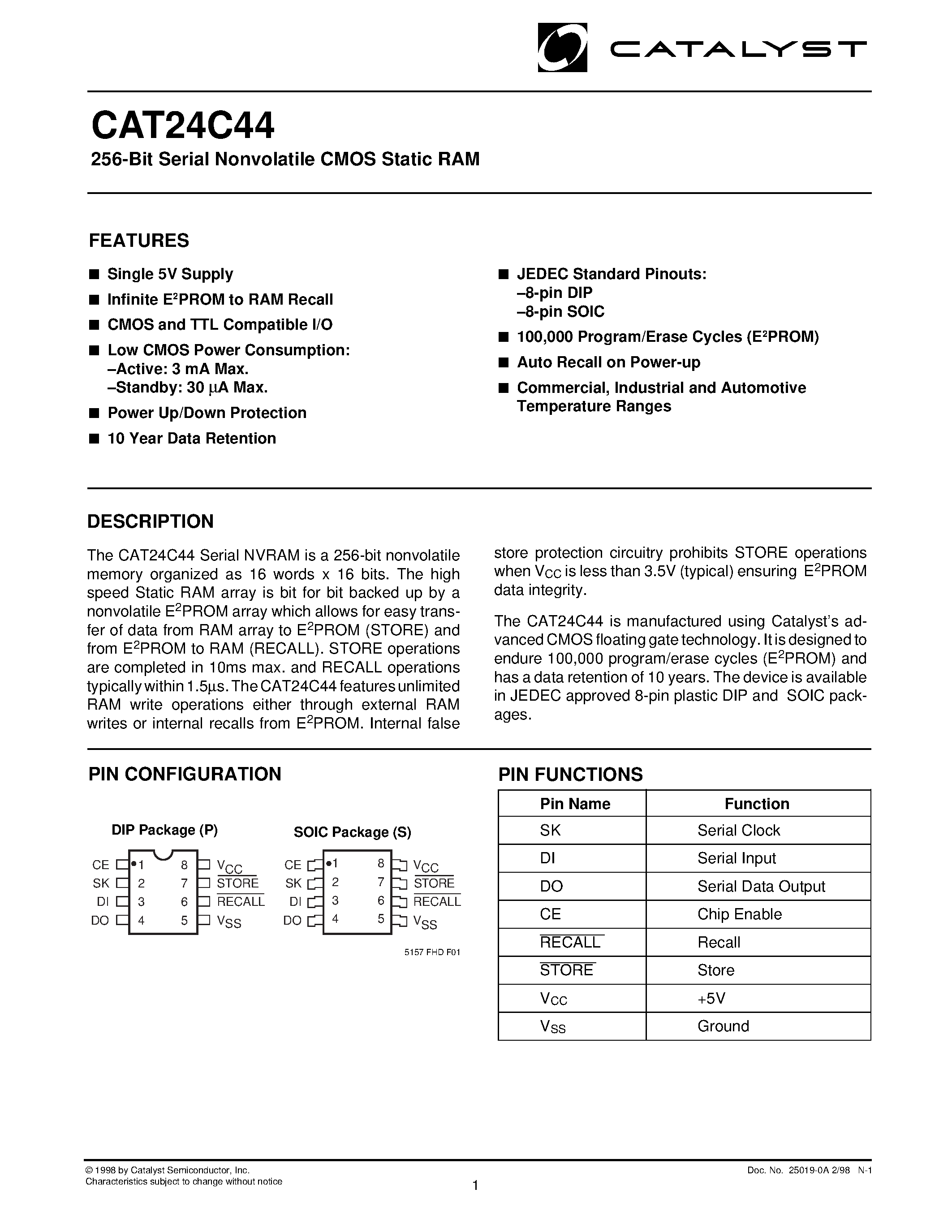 Даташит CAT24C44 - 256-Bit Serial Nonvolatile CMOS Static RAM страница 1