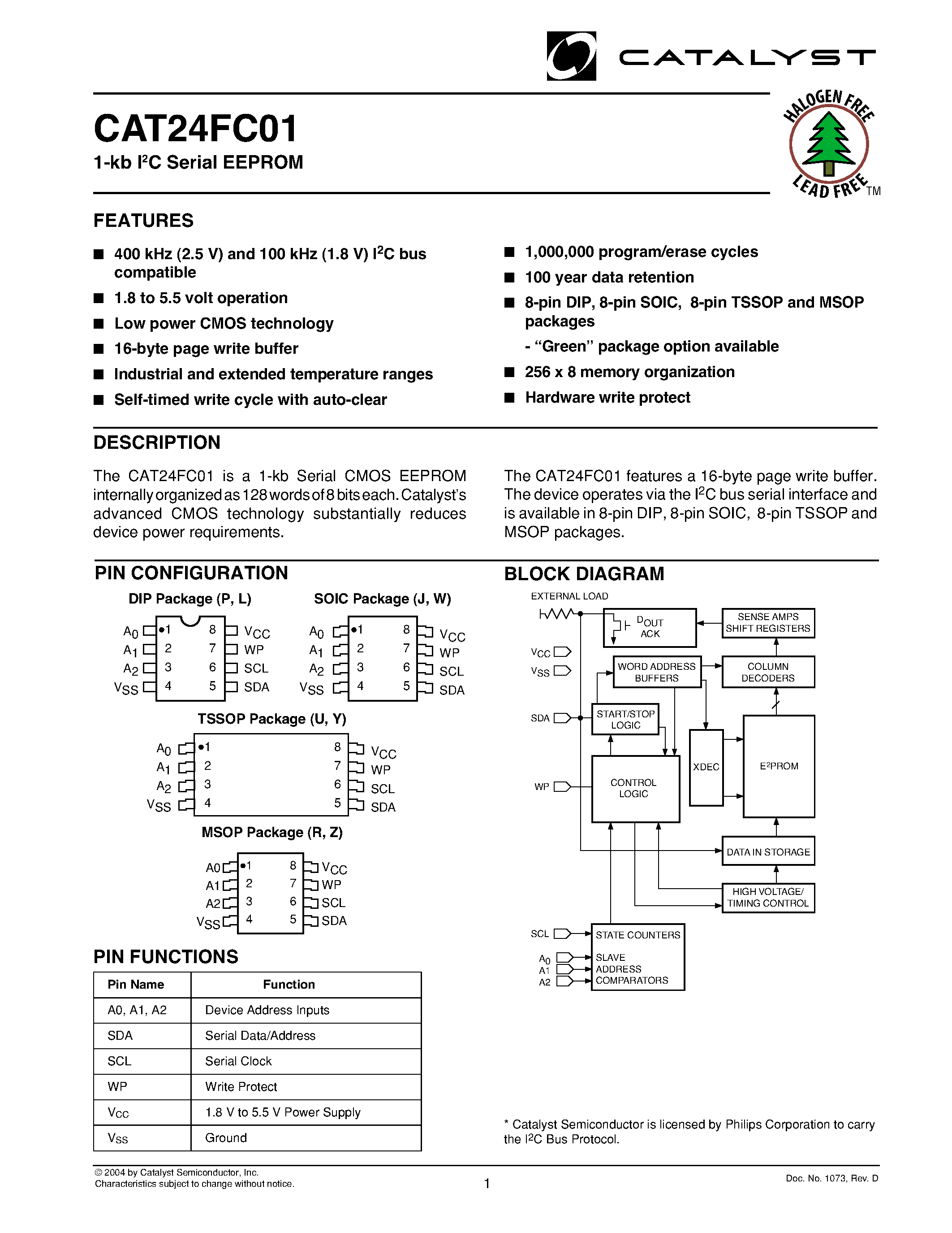 Даташит на микросхему CAT24FC01 страница 1 Даташит CAT24FC01 - 1-kb I2C Serial EEPROM страница 1