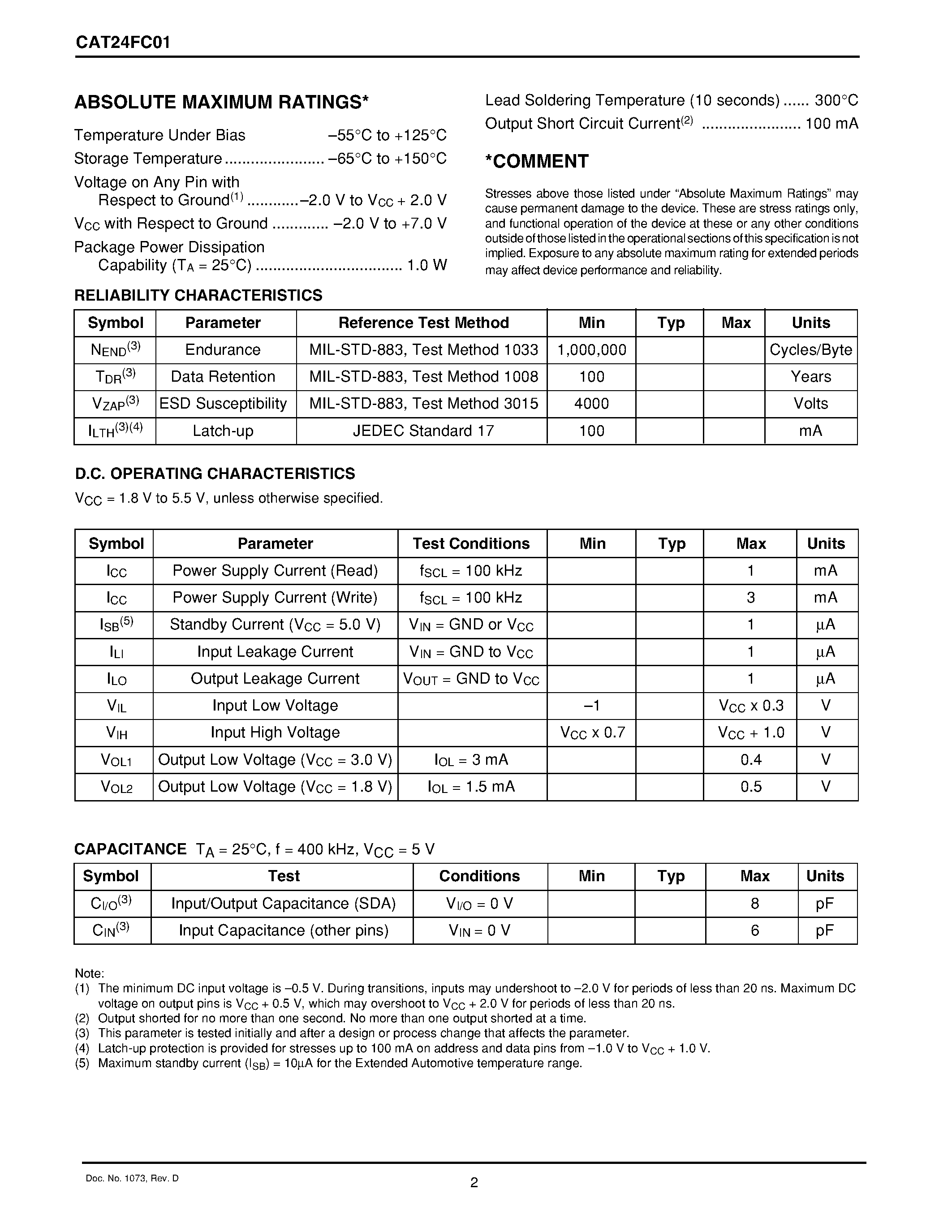 Даташит на микросхему CAT24FC01 страница 2 Даташит CAT24FC01 - 1-kb I2C Serial EEPROM страница 2