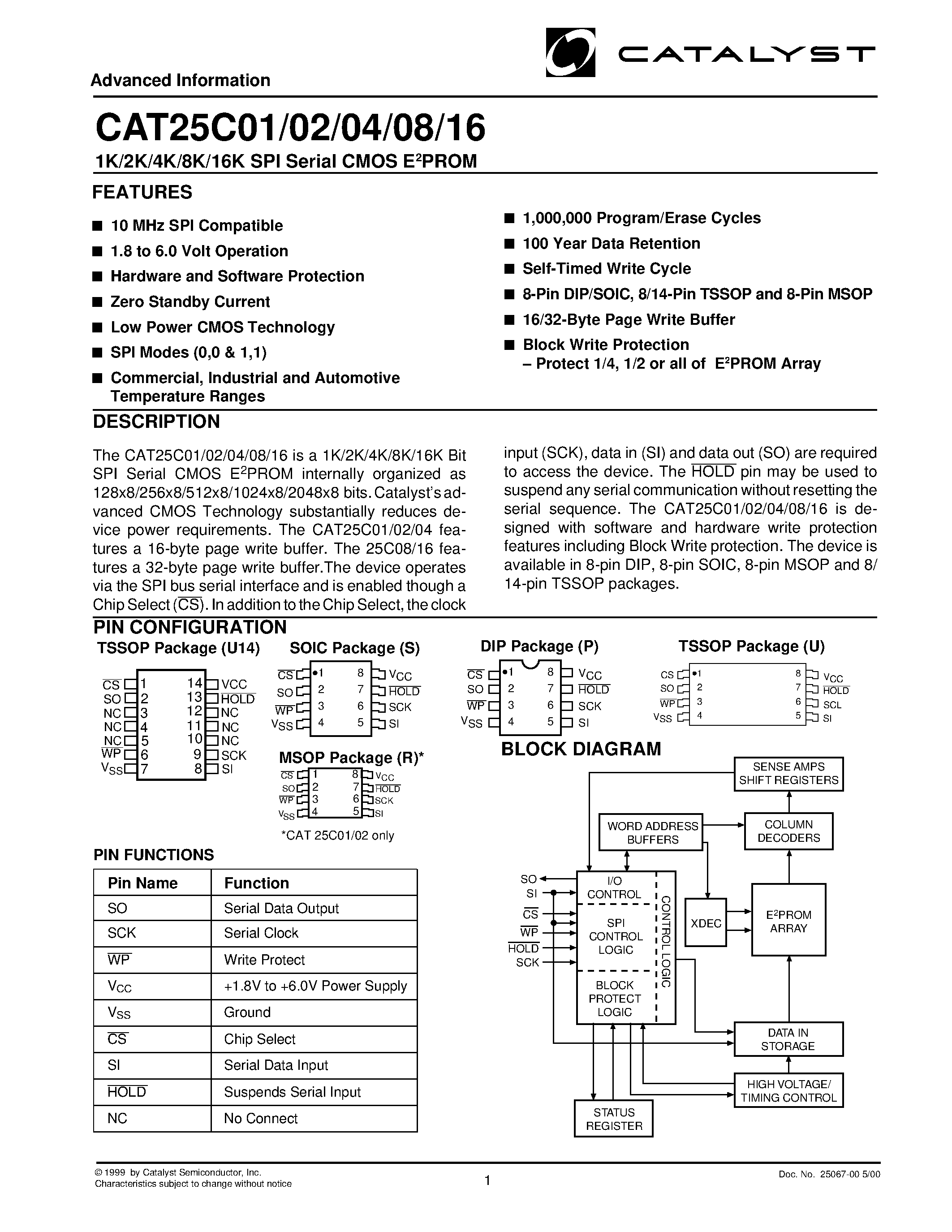 Datasheet CAT25C02 - 1K/2K/4K/8K/16K SPI Serial CMOS E2PROM page 1