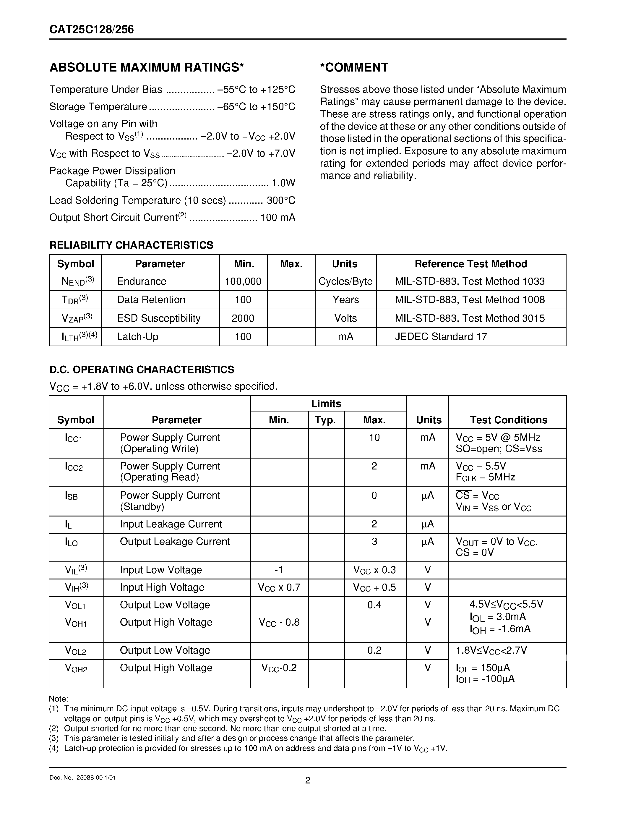 Datasheet CAT25C256 - 128K/256K-Bit SPI Serial CMOS E2PROM page 2