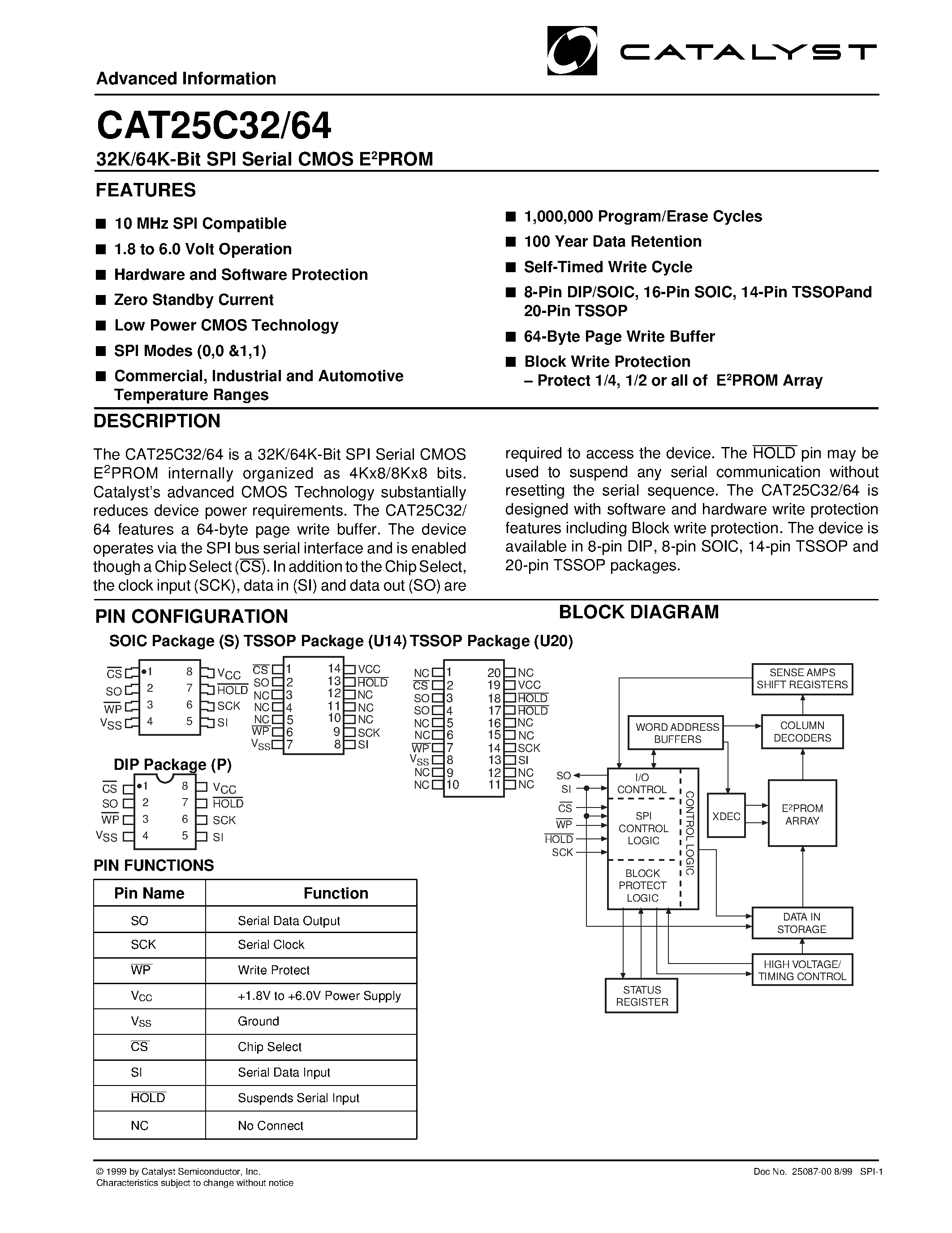 Datasheet CAT25C32 page 1 Datasheet CAT25C32 - 32K/64K-Bit SPI Serial CMOS E2PROM page 1