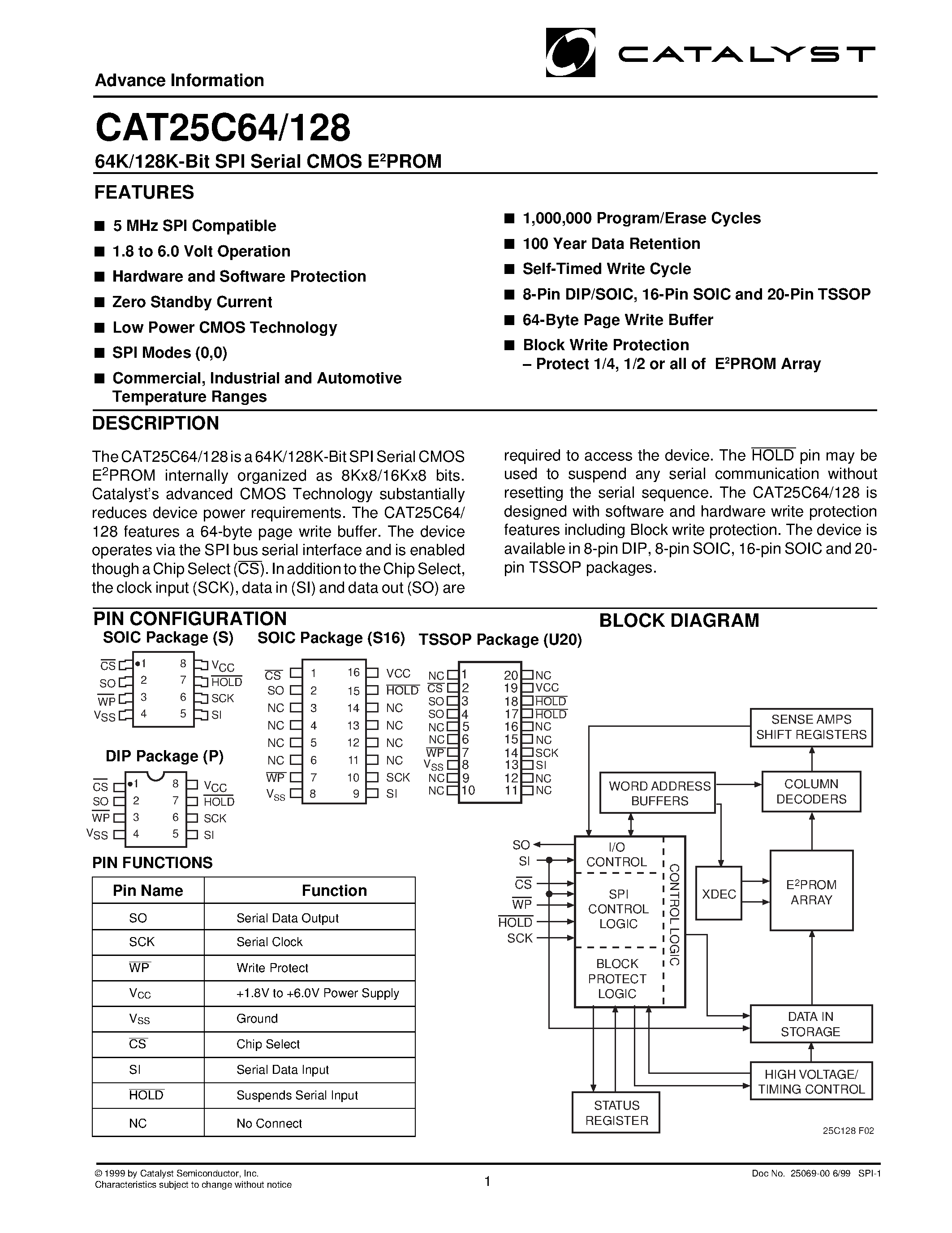Datasheet CAT25C64 page 1 Datasheet CAT25C64 - 32K/64K-Bit SPI Serial CMOS E2PROM page 1