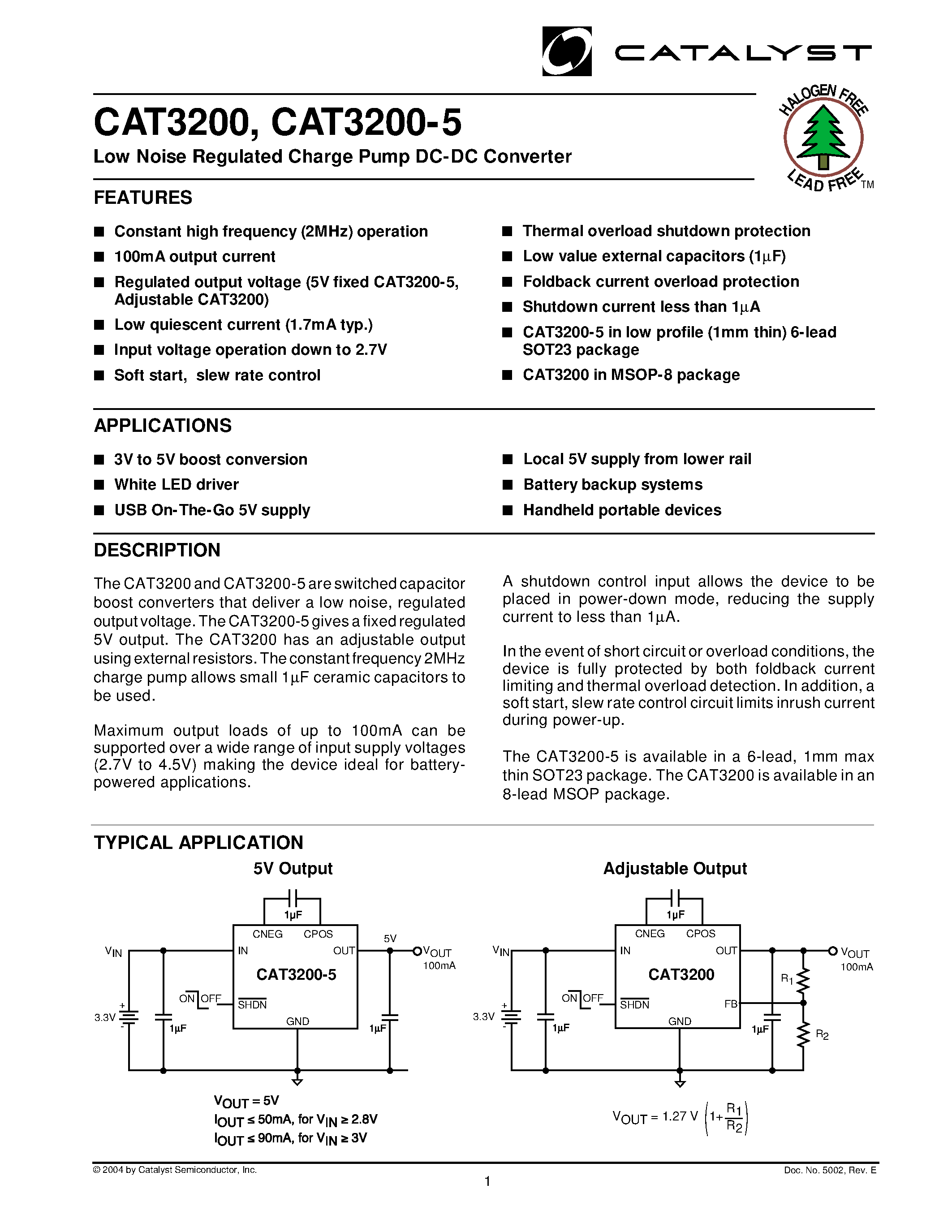 Datasheet CAT3200-5 - Low Noise Regulated Charge Pump DC-DC Converter page 1