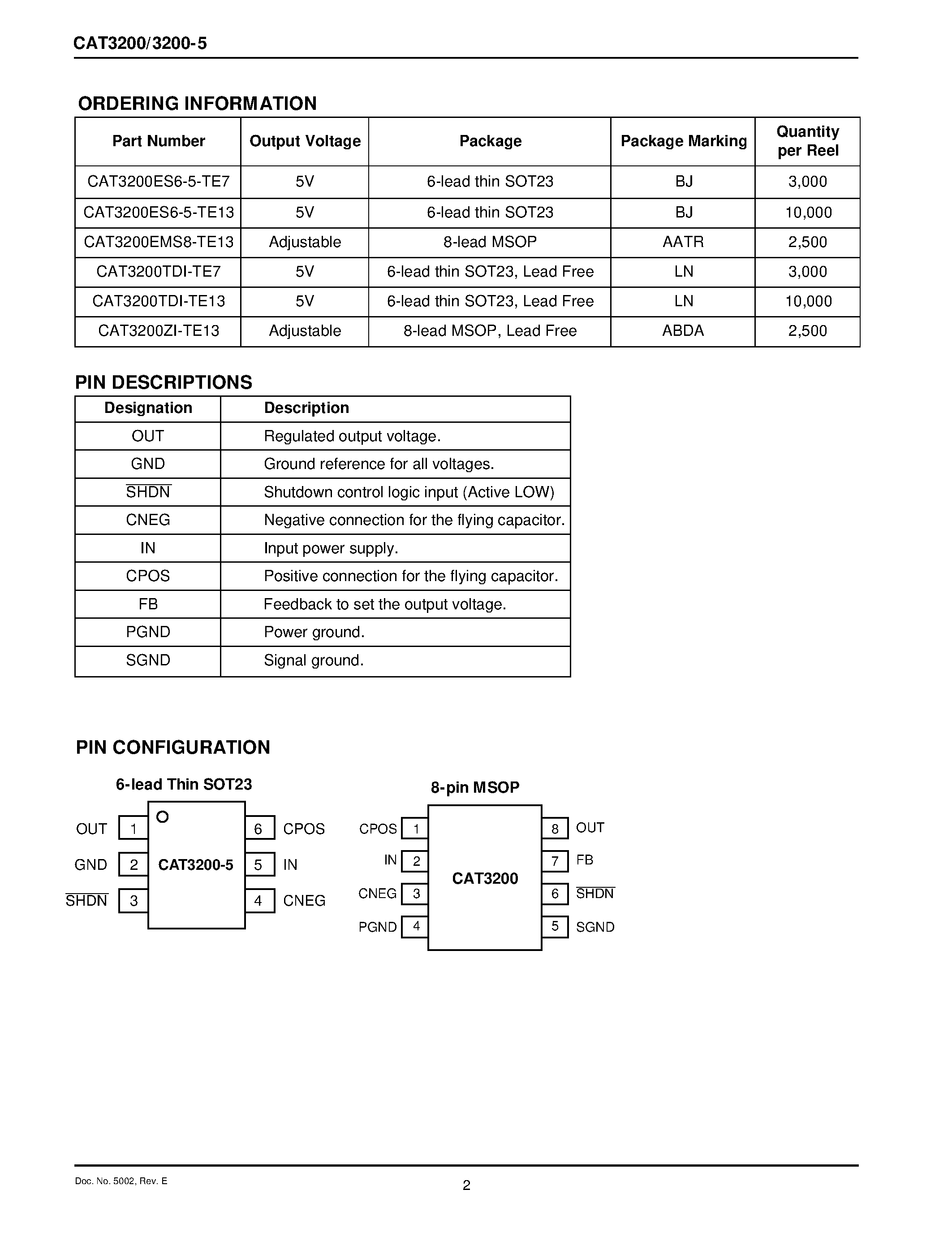 Datasheet CAT3200-5 - Low Noise Regulated Charge Pump DC-DC Converter page 2