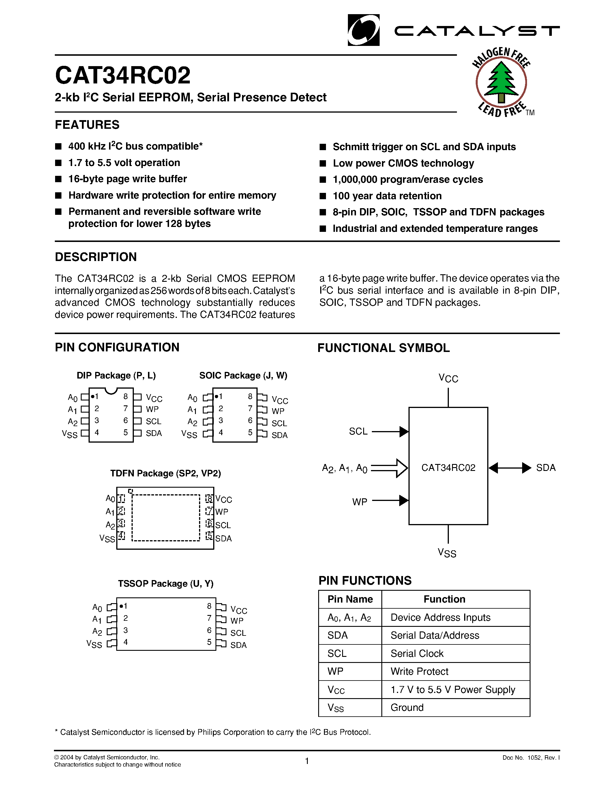 Даташит на микросхему CAT34RC02 страница 1 Даташит CAT34RC02 - 2-kb I2C Serial EEPROM/ Serial Presence Detect страница 1