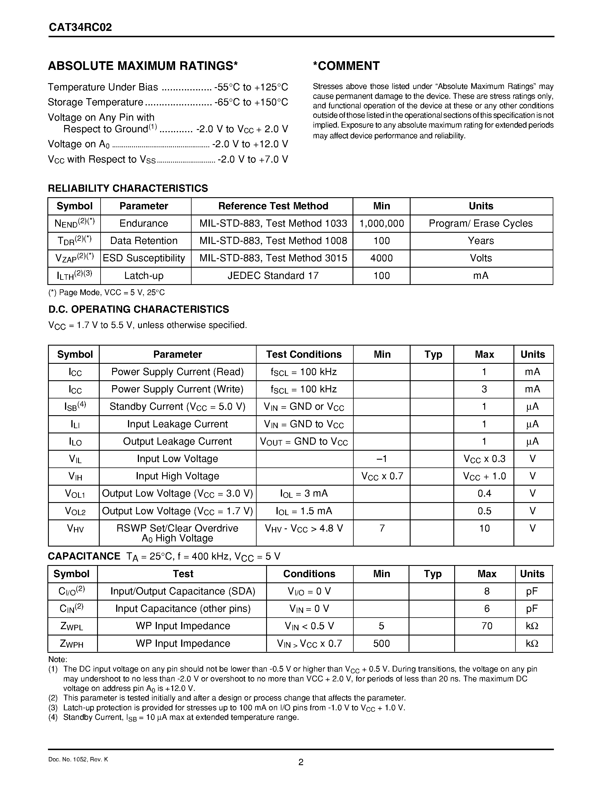 Datasheet CAT34RC02WITE13REV-E page 2 Datasheet CAT34RC02WITE13REV-E - 2-kb I2C Serial EEPROM/ Serial Presence Detect page 2