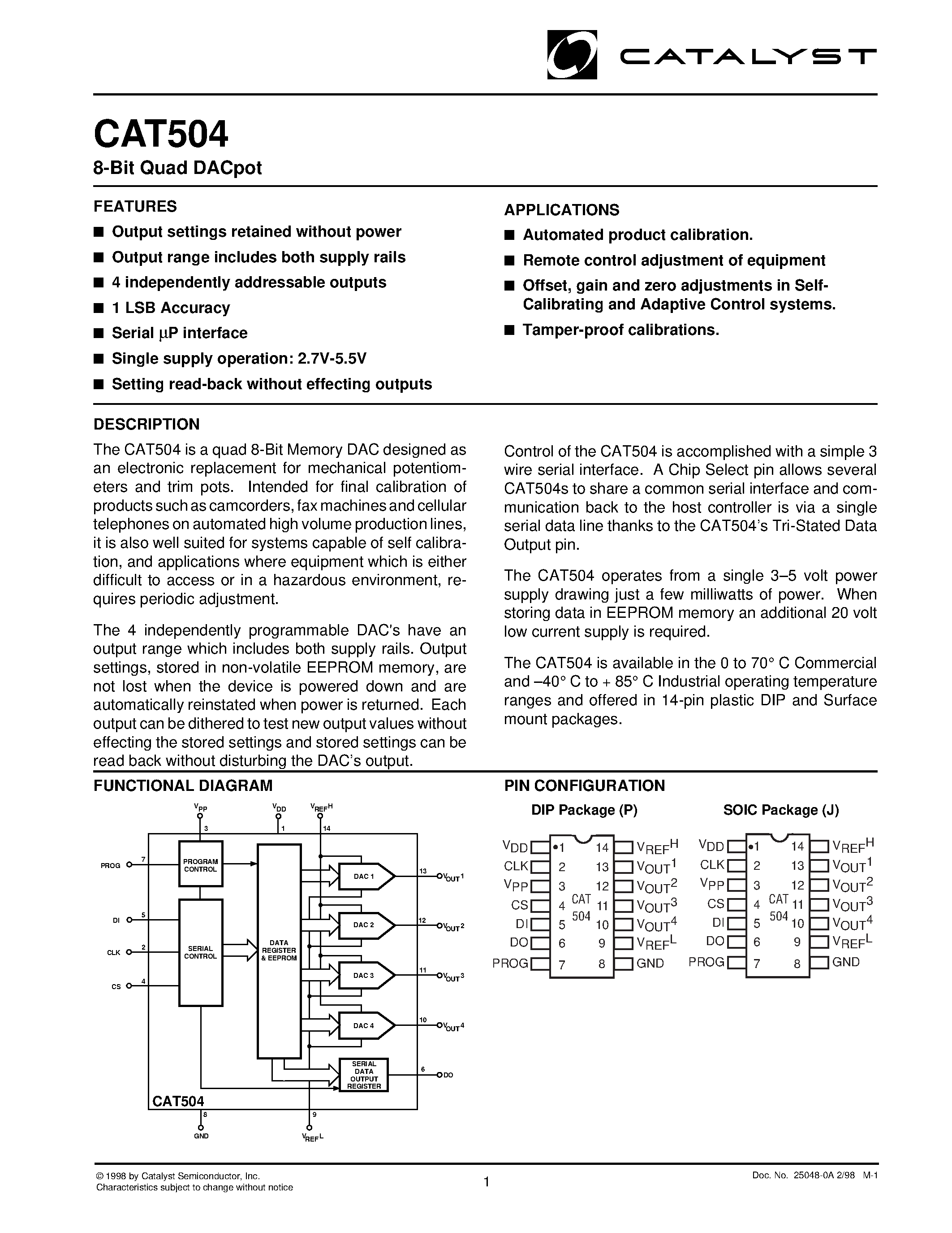 Даташит CAT504 - 8-Bit Quad DACpot страница 1