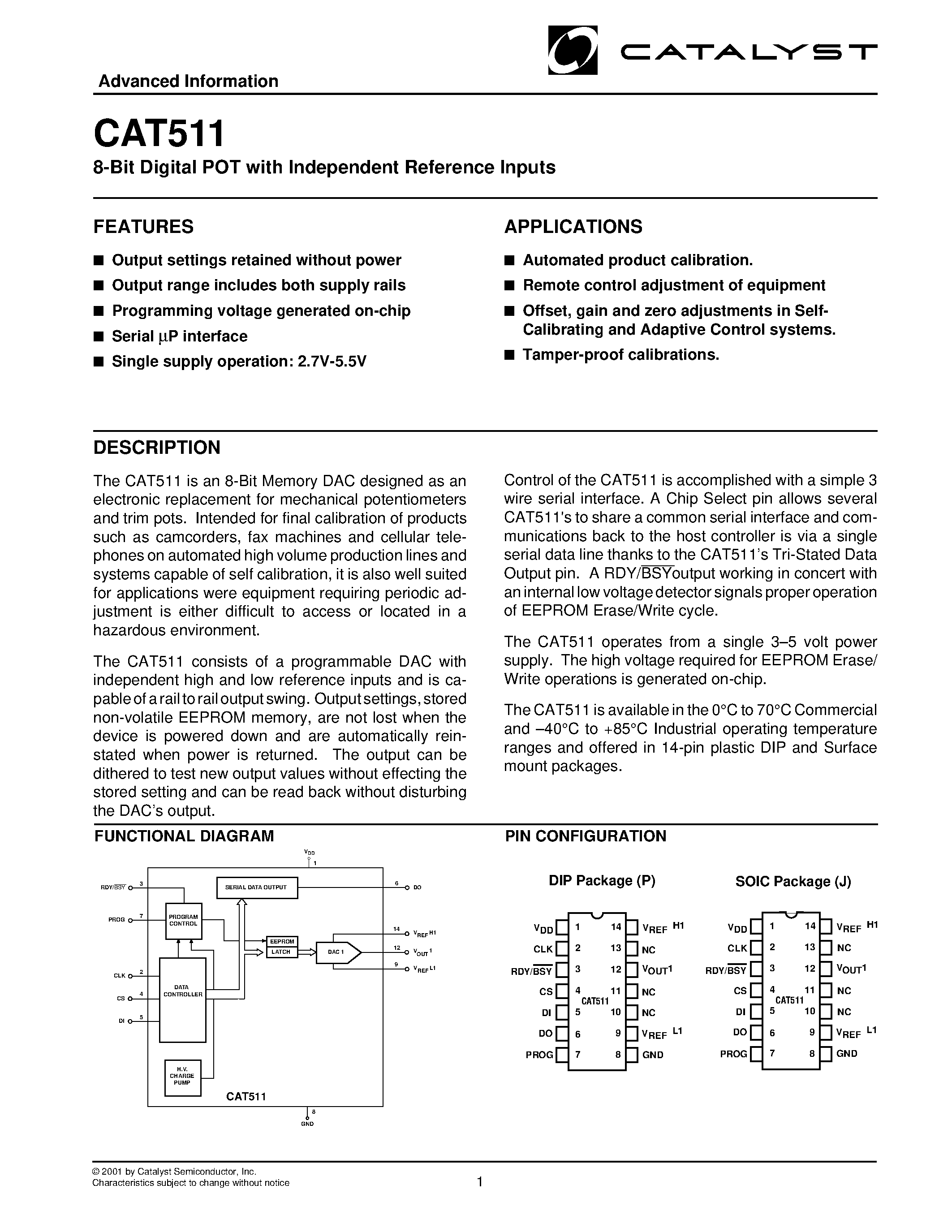 Даташит на микросхему CAT511 страница 1 Даташит CAT511 - 8-Bit Digital POT with Independent Reference Inputs страница 1
