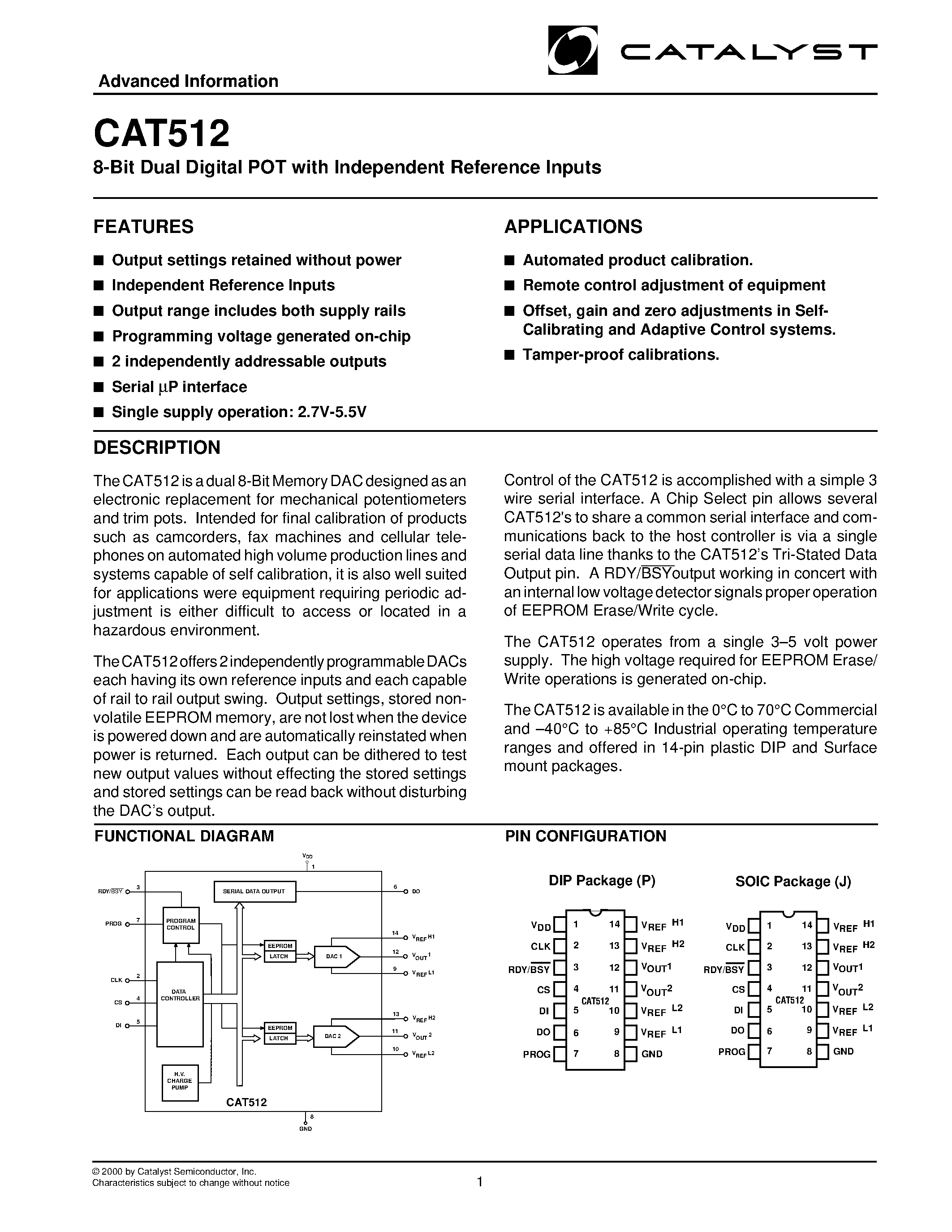 Даташит на микросхему CAT512 страница 1 Даташит CAT512 - 8-Bit Dual Digital POT with Independent Reference Inputs страница 1